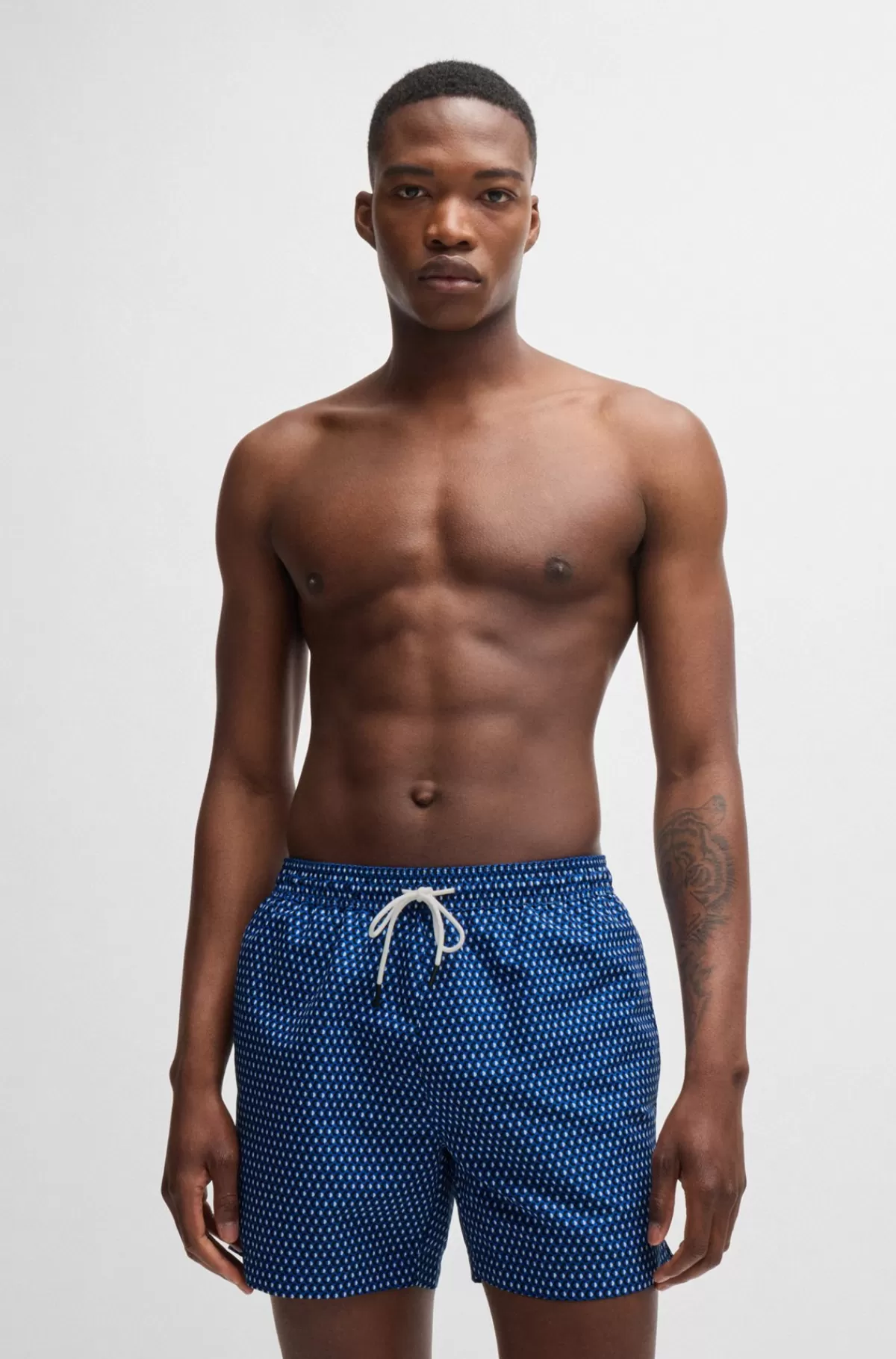 HUGO BOSS Badeshorts Med Logomærkat Og Sæsonbestemt Print Blå Clearance