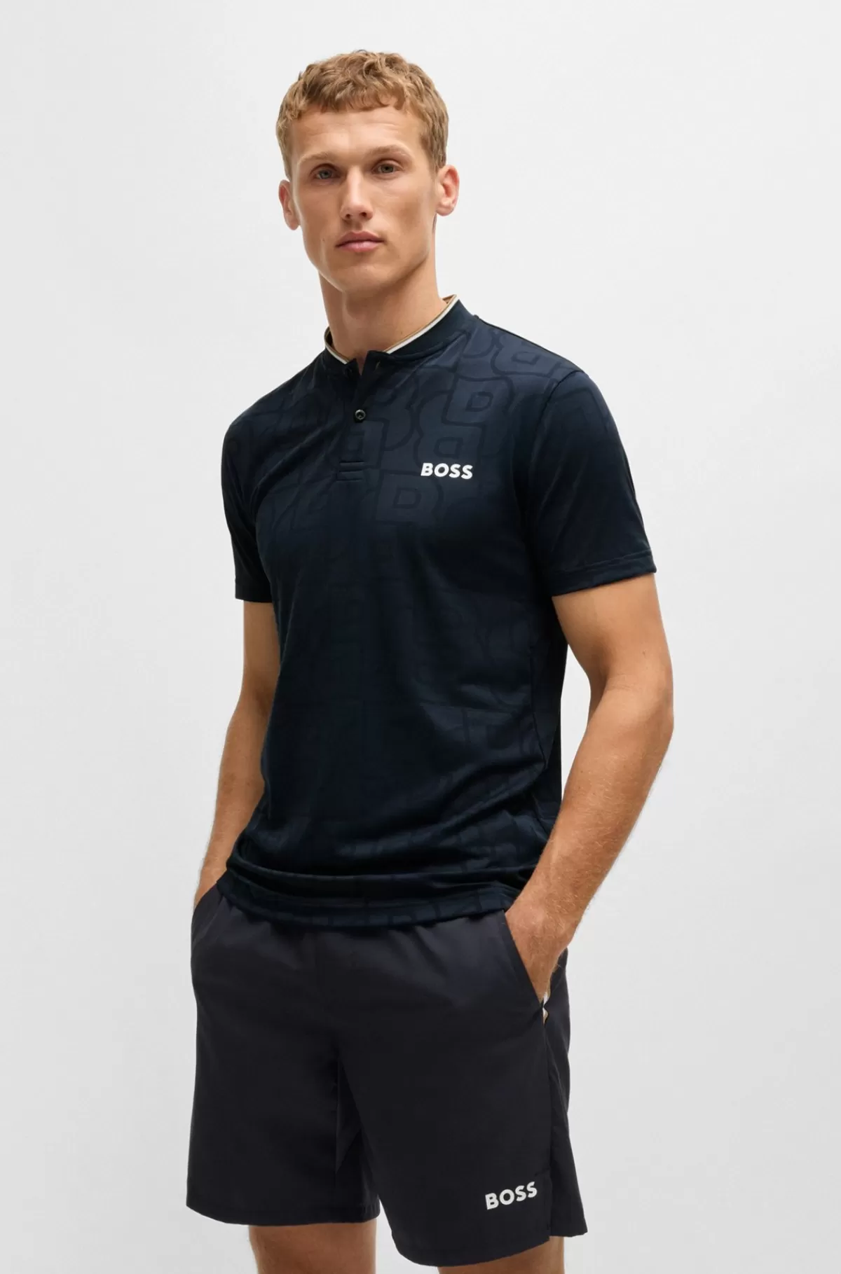 HUGO BOSS BOSS X Matteo Berrettini-poloshirt I Mesh Med Monogrammønster Mørkeblå Shop