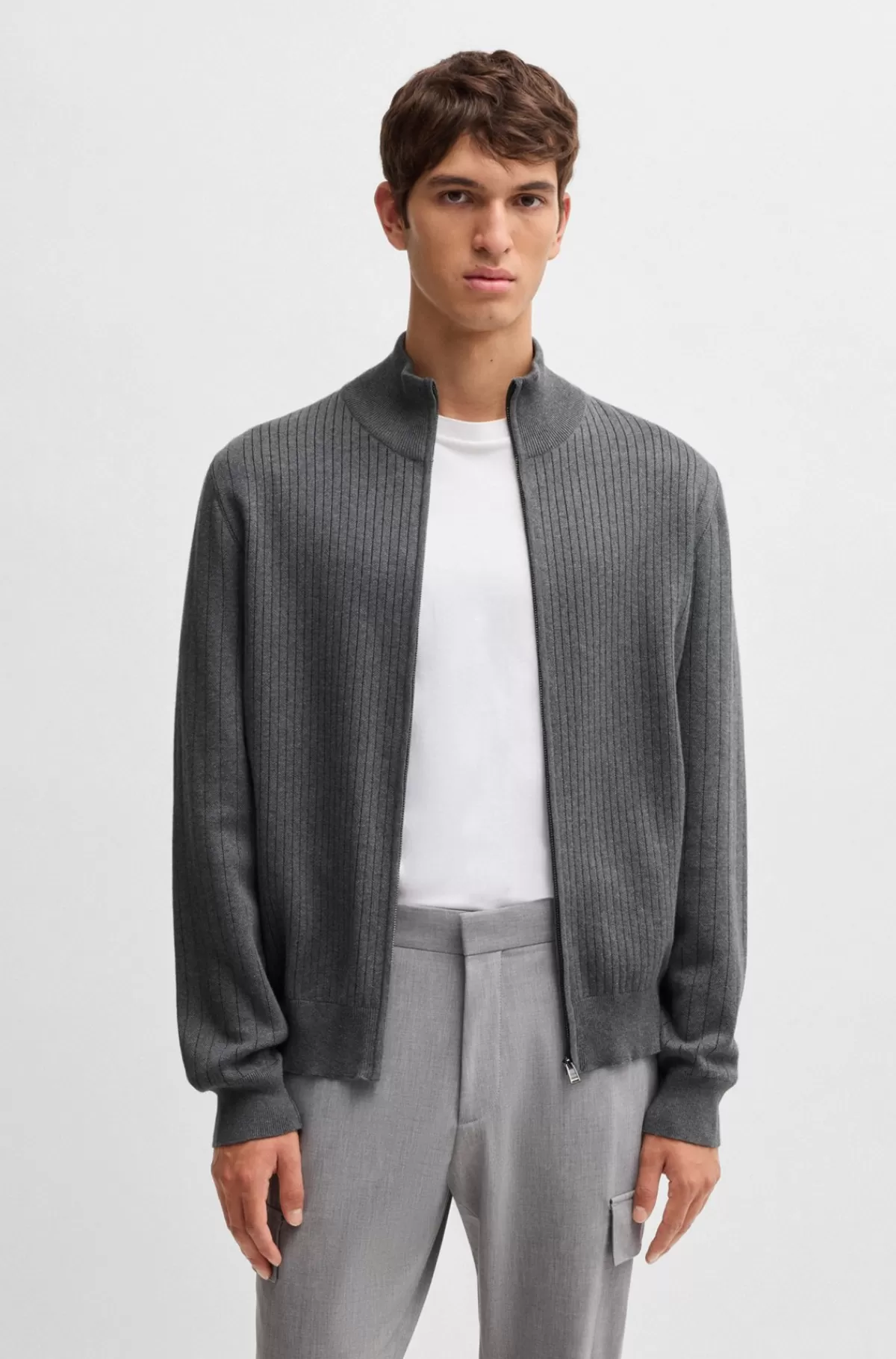 HUGO BOSS Cardigan I Bomuld Med Nålestribet Struktur Og Lynlås Mørkegrå Fashion