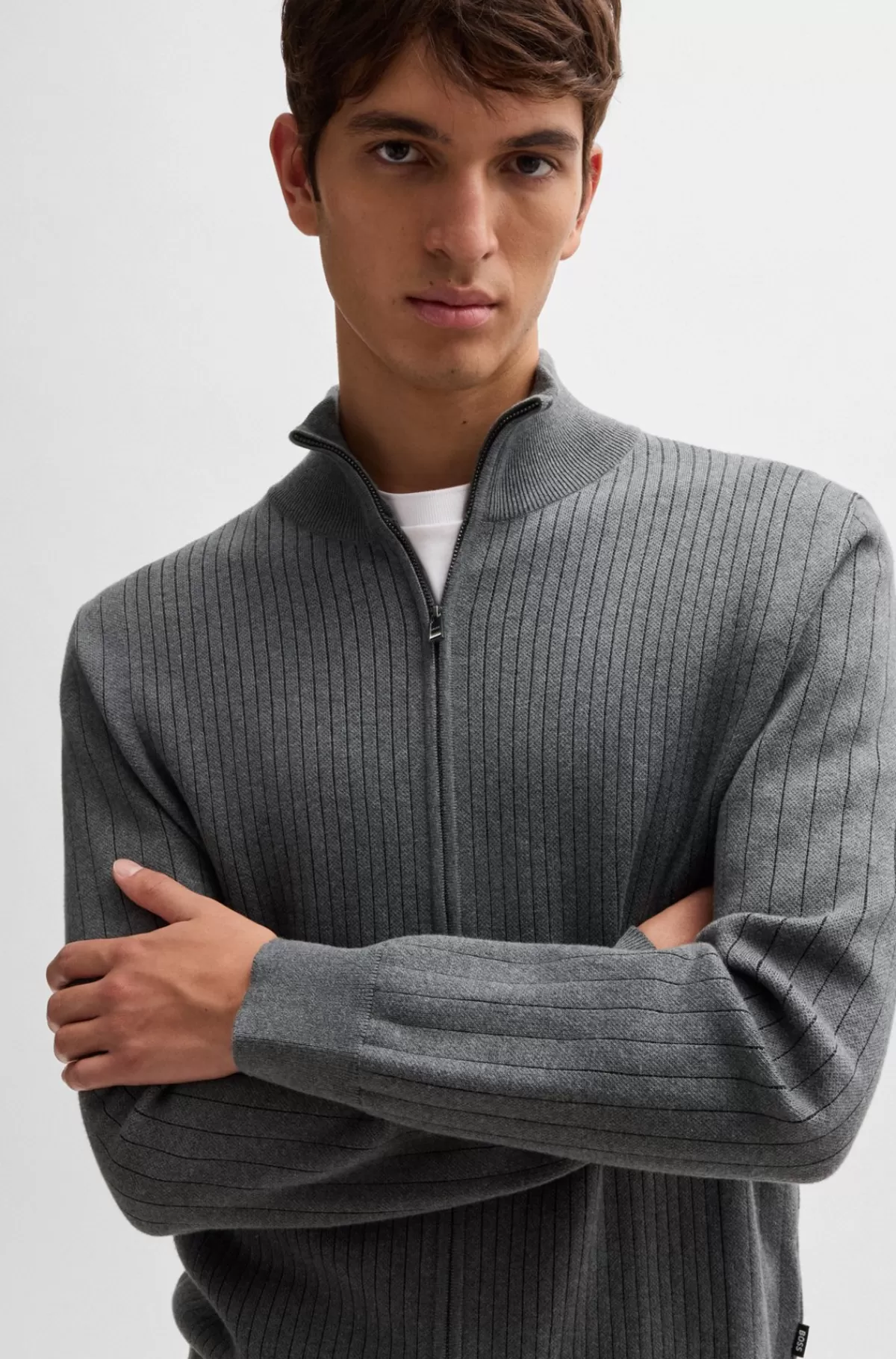 HUGO BOSS Cardigan I Bomuld Med Nålestribet Struktur Og Lynlås Mørkegrå Fashion