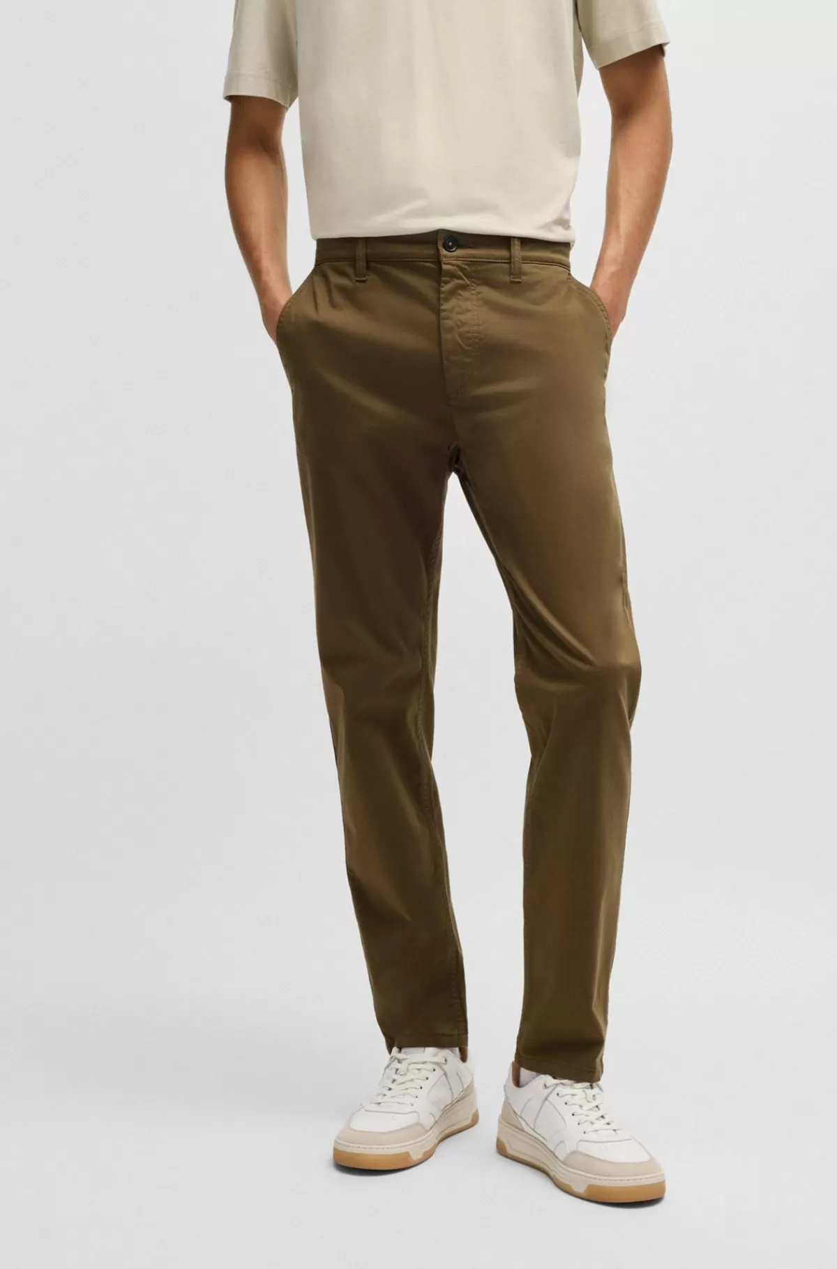 HUGO BOSS Chinos Med Tapered Fit I Bomuldssatin Med Stræk Mørkebrun Discount