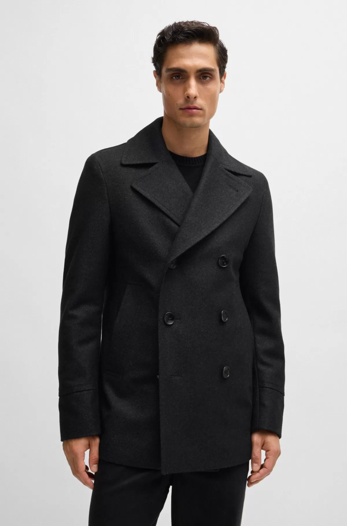 HUGO BOSS Dobbeltradet Slim Fit Frakke I Uldblanding Mørkegrå Discount