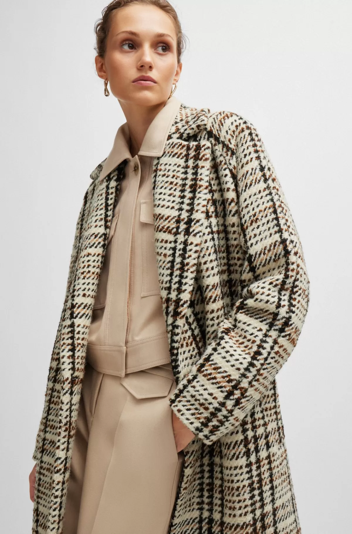 HUGO BOSS Frakke Med Oversize Fit I Ternet Stof Med Uld Beige mønstret Fashion