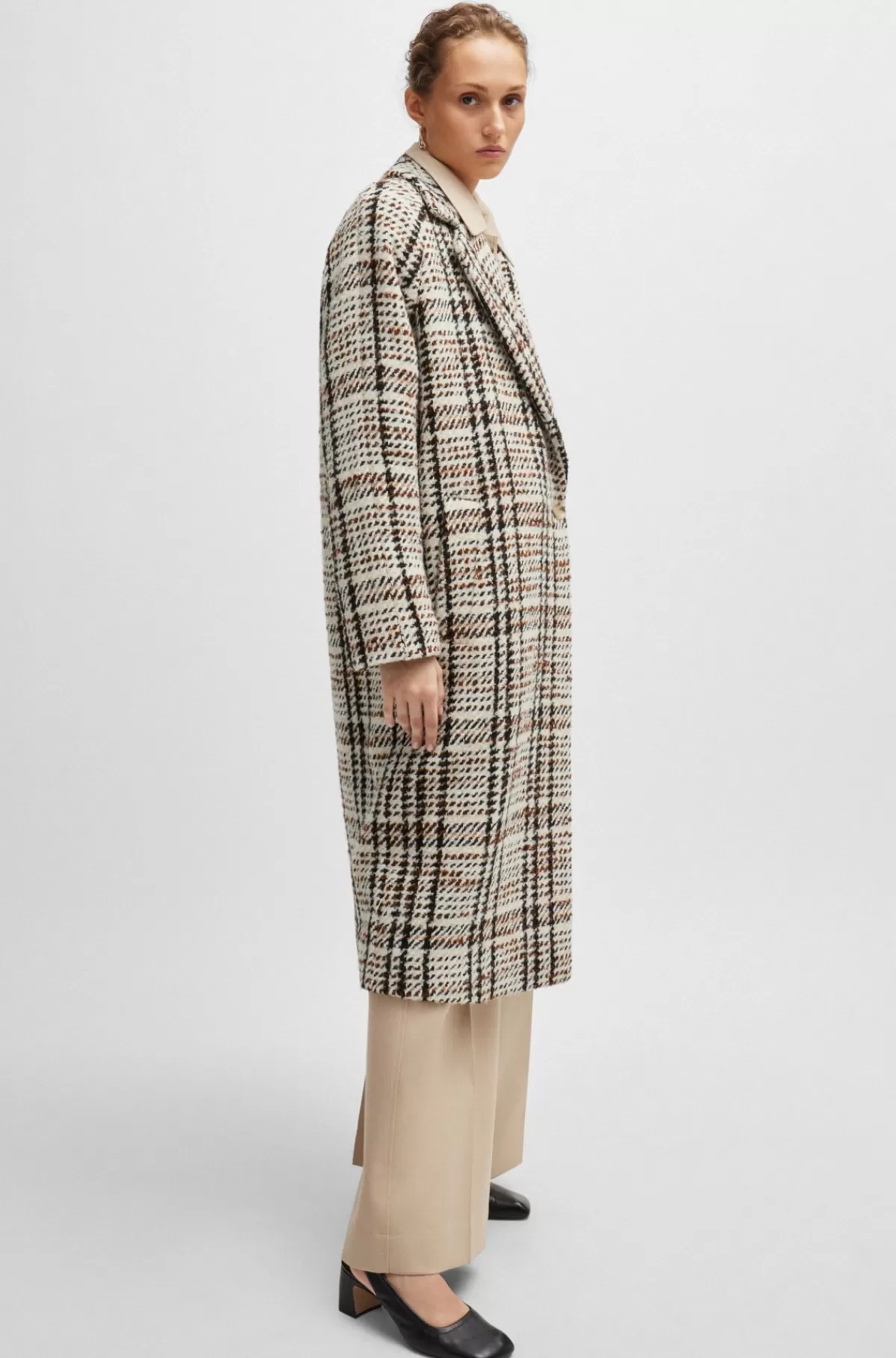 HUGO BOSS Frakke Med Oversize Fit I Ternet Stof Med Uld Beige mønstret Fashion