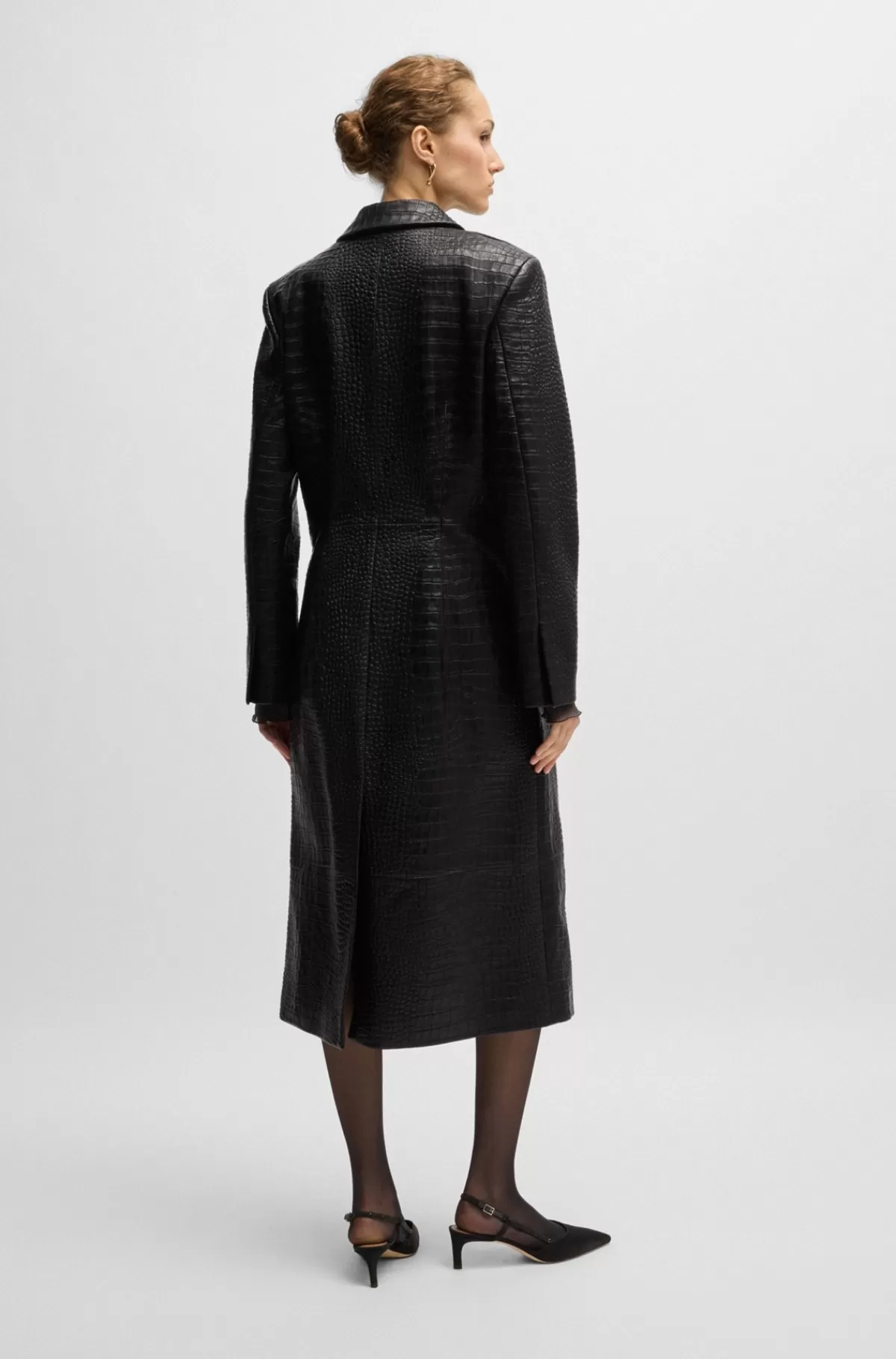 HUGO BOSS Frakke Med Slå-om-design I Krokodillepræget Læder Sort Fashion