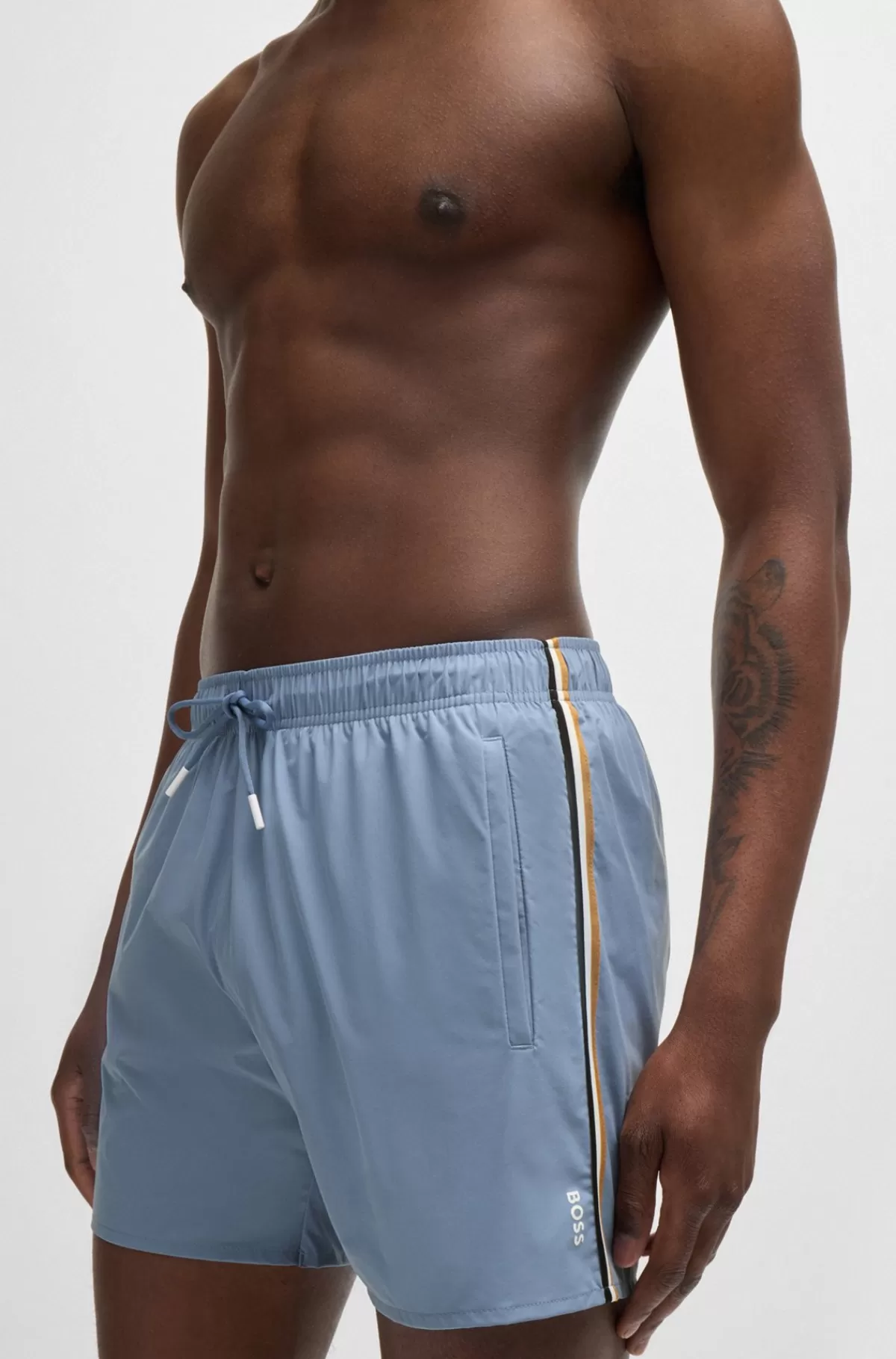 HUGO BOSS Fuldt Forede Badeshorts Med Signaturstribe Lyseblå Outlet