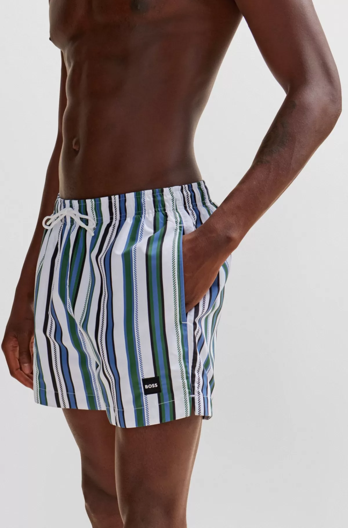 HUGO BOSS Fuldt Forede, Stribede Badeshorts I Hurtigtørrende Stof Sort/hvid/blå Sale