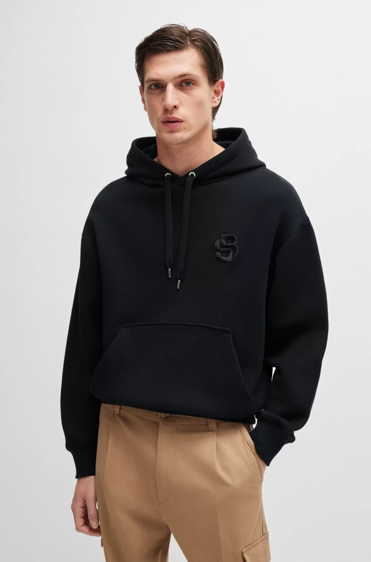 HUGO BOSS Hættetrøje I Bomuld Med Oversize Fit Og Dobbelt B-monogram Sort Outlet