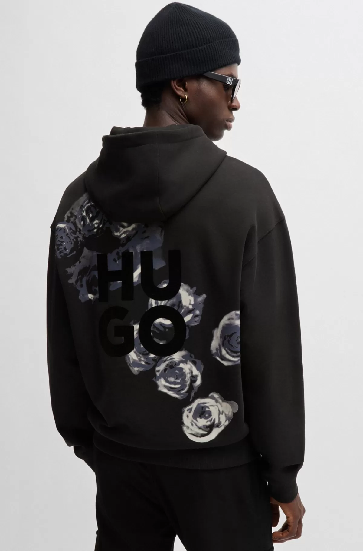 HUGO BOSS Hættetrøje I Sweatkvalitet Af Bomuld Med Blomster Og Logoprint Sort Sale