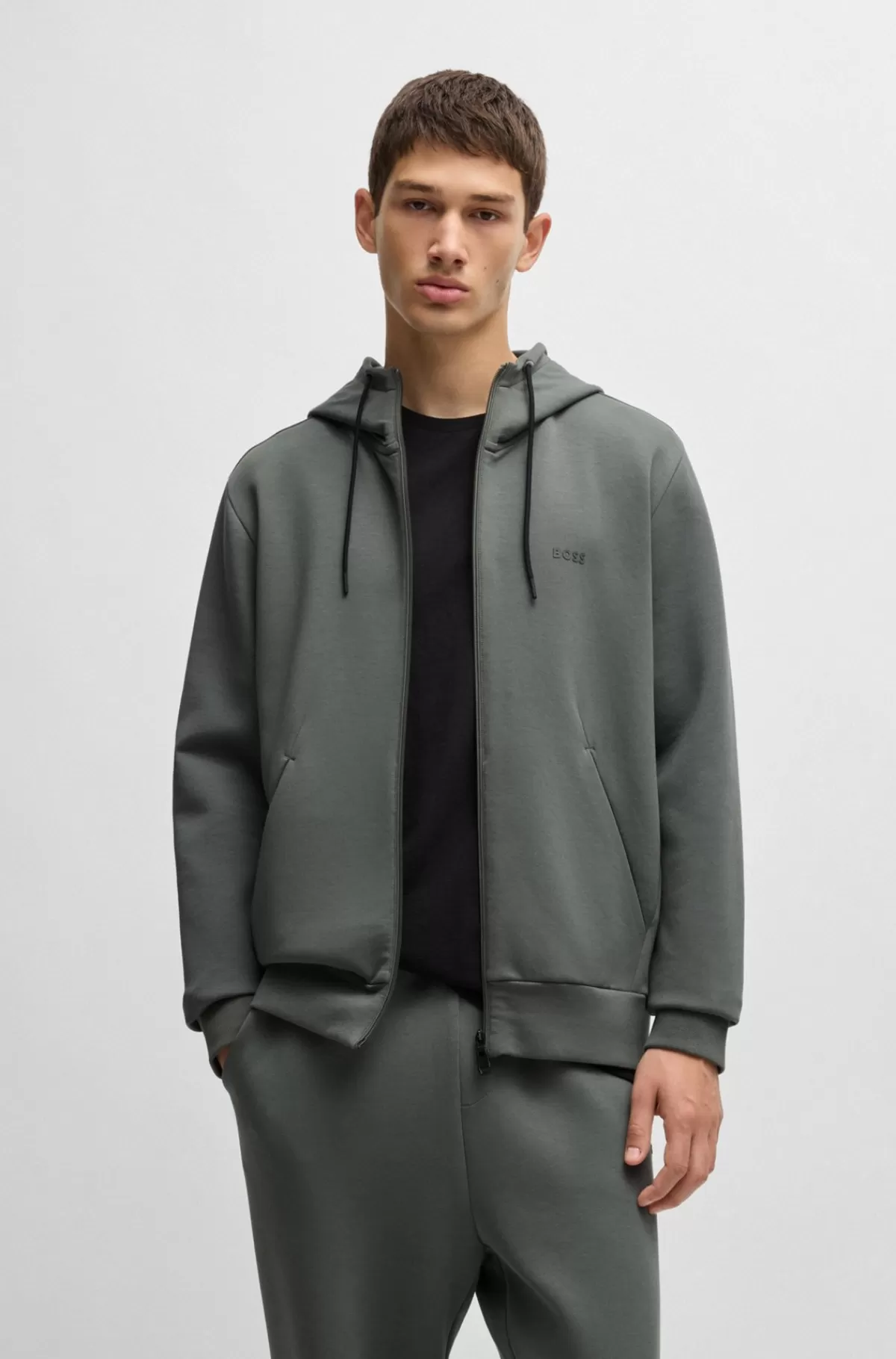 HUGO BOSS Hættetrøje Med Lynlås I Bomuld Med Stræk Og Logoprint Grå Hot