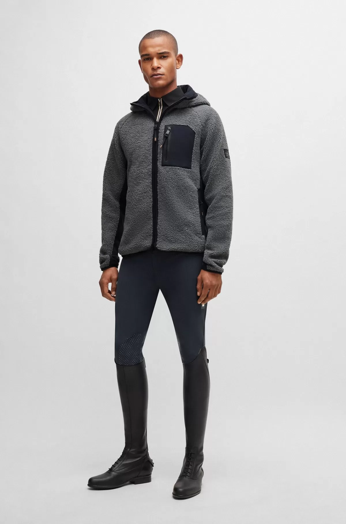 HUGO BOSS Hybridjakke Med Hætte Til Hestesport I Blødt Teddystof Grå New