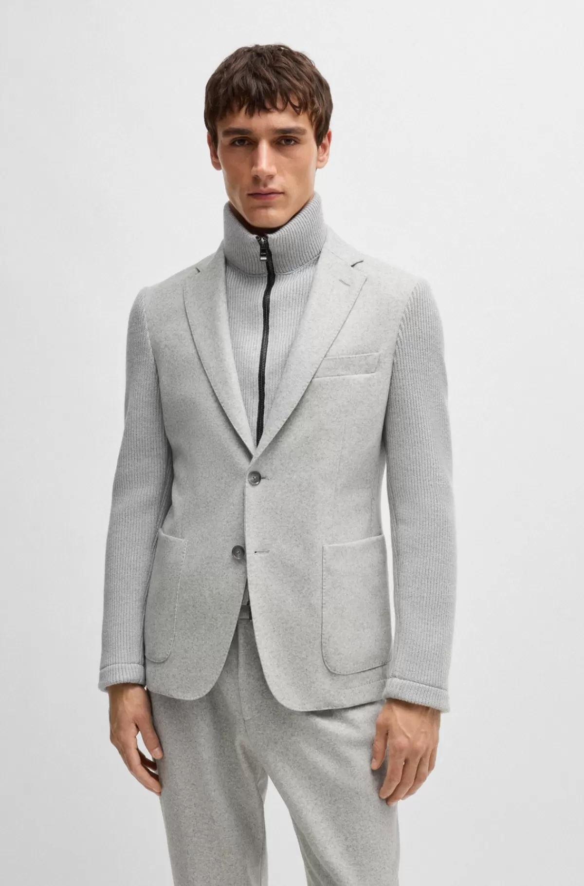 HUGO BOSS Jakke Med Slim Fit, Strikkede ærmer Og Ribindsatser Sølv Outlet