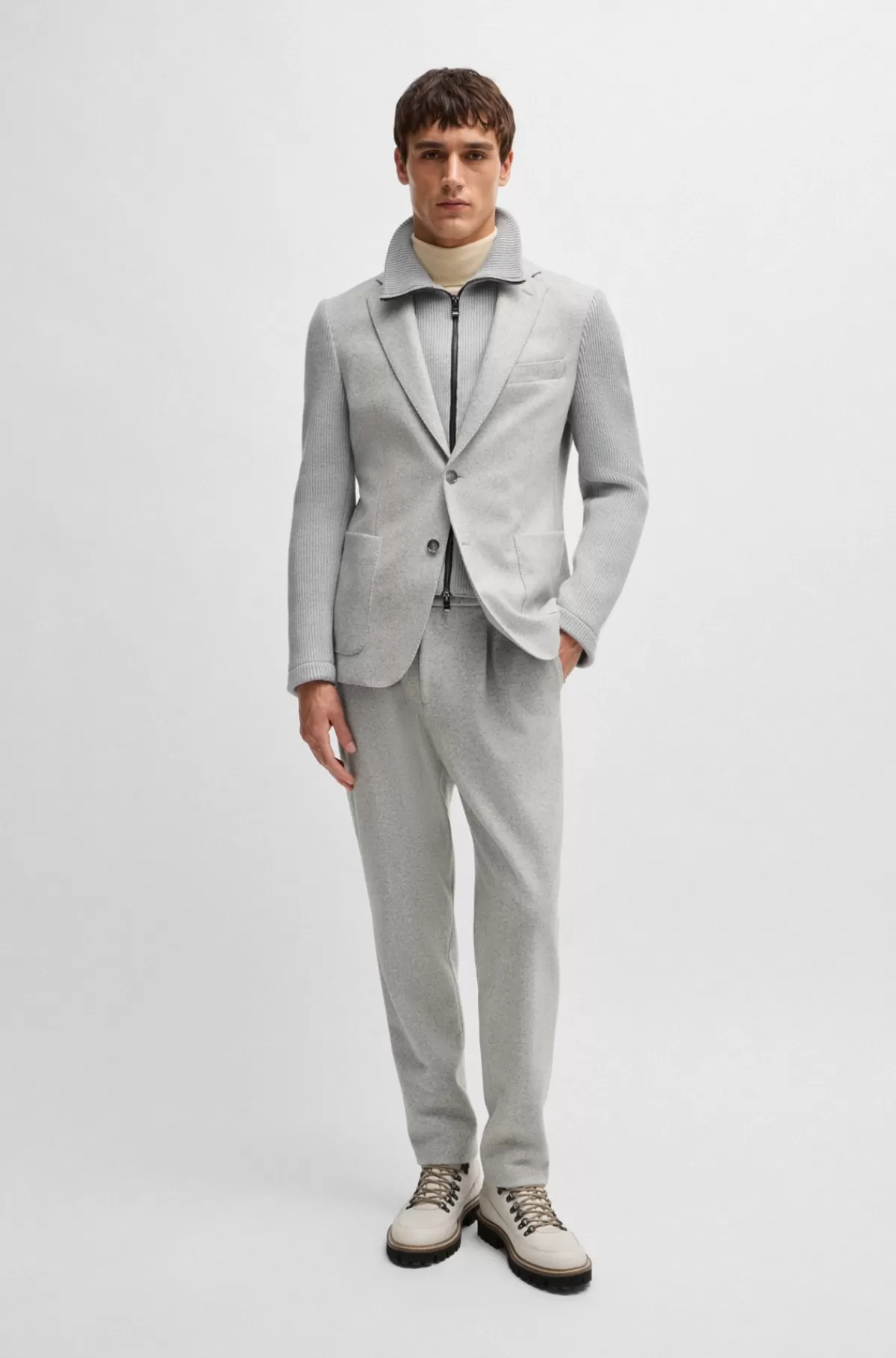 HUGO BOSS Jakke Med Slim Fit, Strikkede ærmer Og Ribindsatser Sølv Outlet