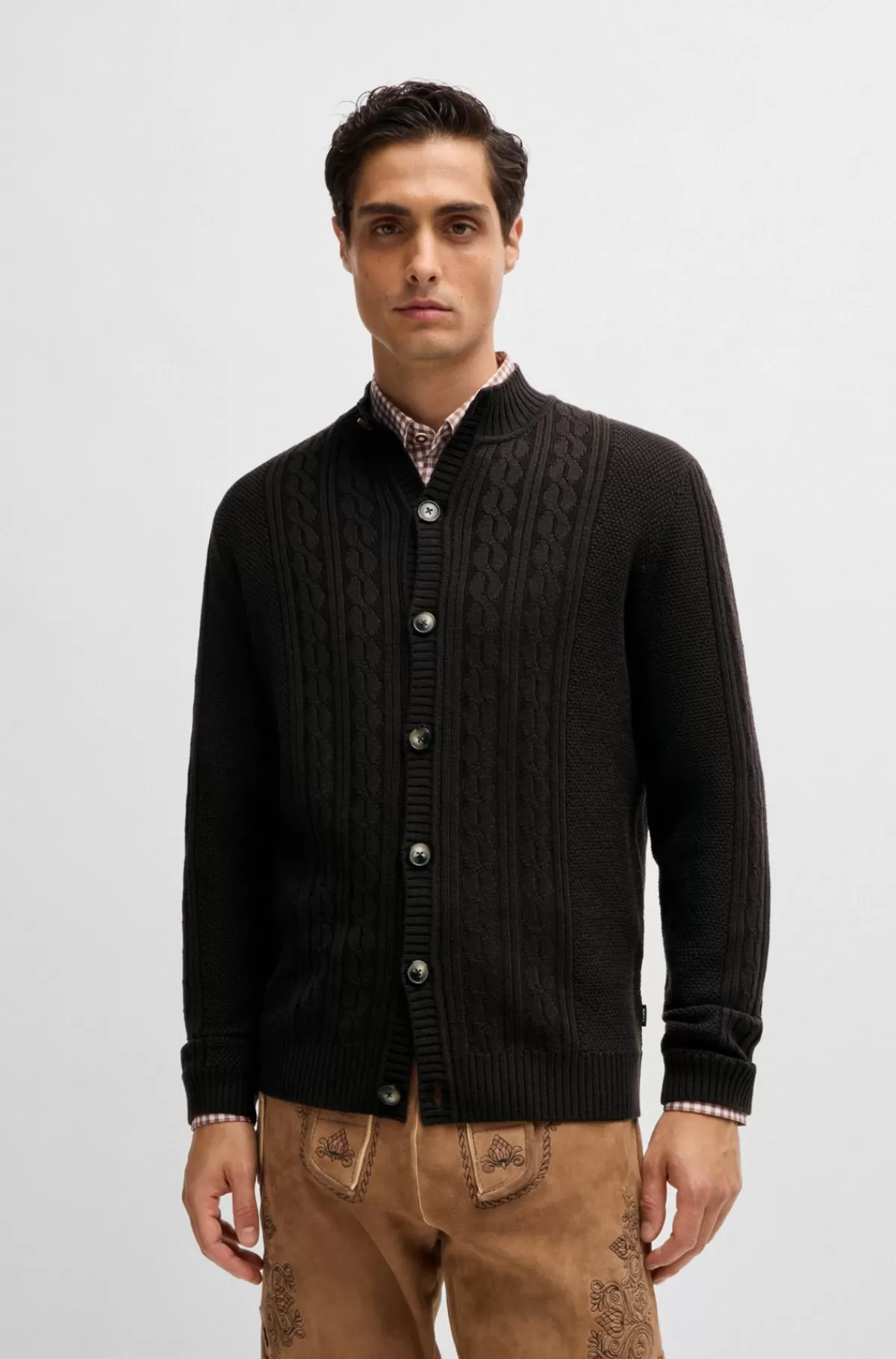 HUGO BOSS Kabelstrikket Trachten-cardigan I Ny Uld Mørkebrun Sale