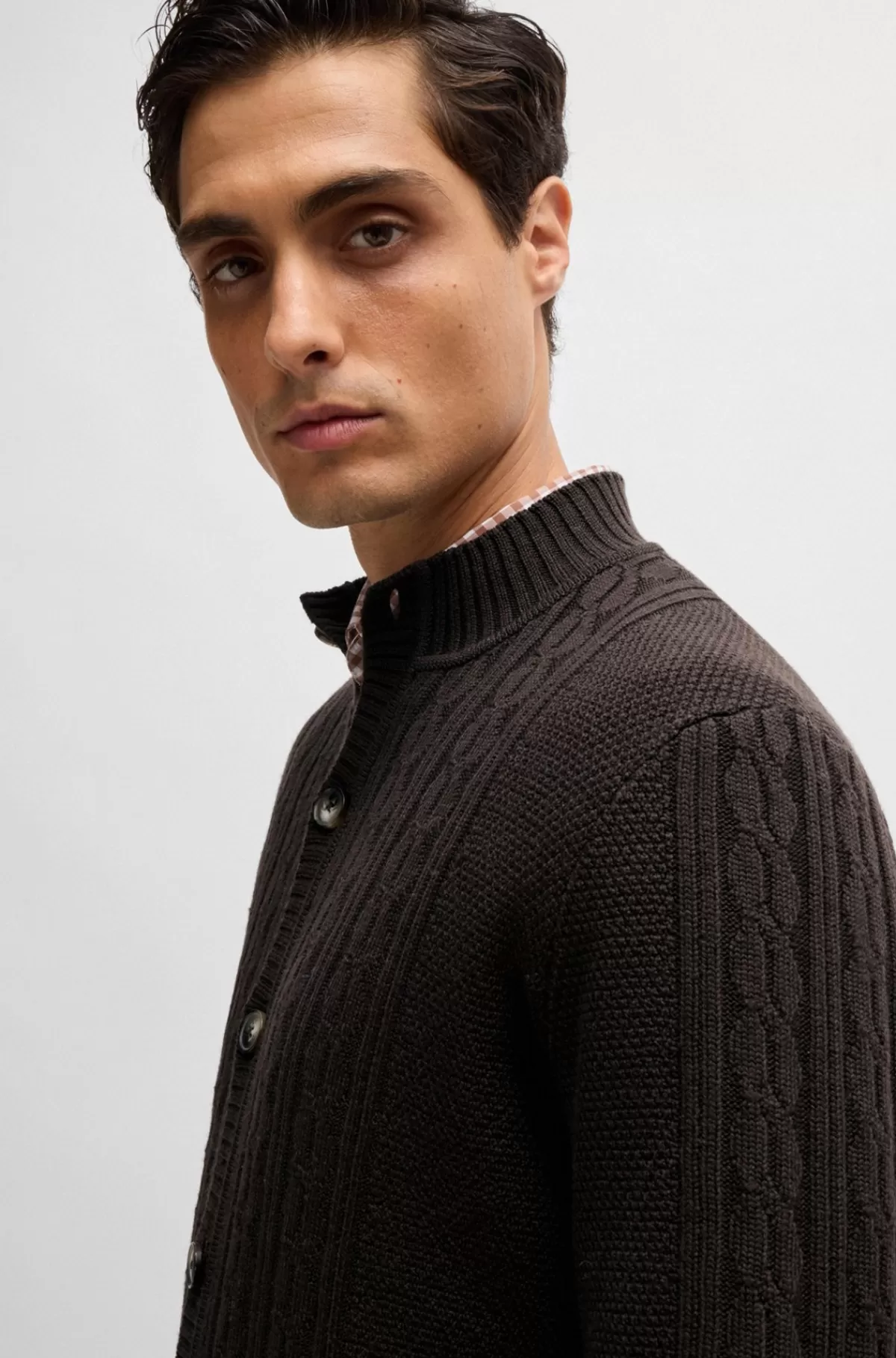 HUGO BOSS Kabelstrikket Trachten-cardigan I Ny Uld Mørkebrun Sale