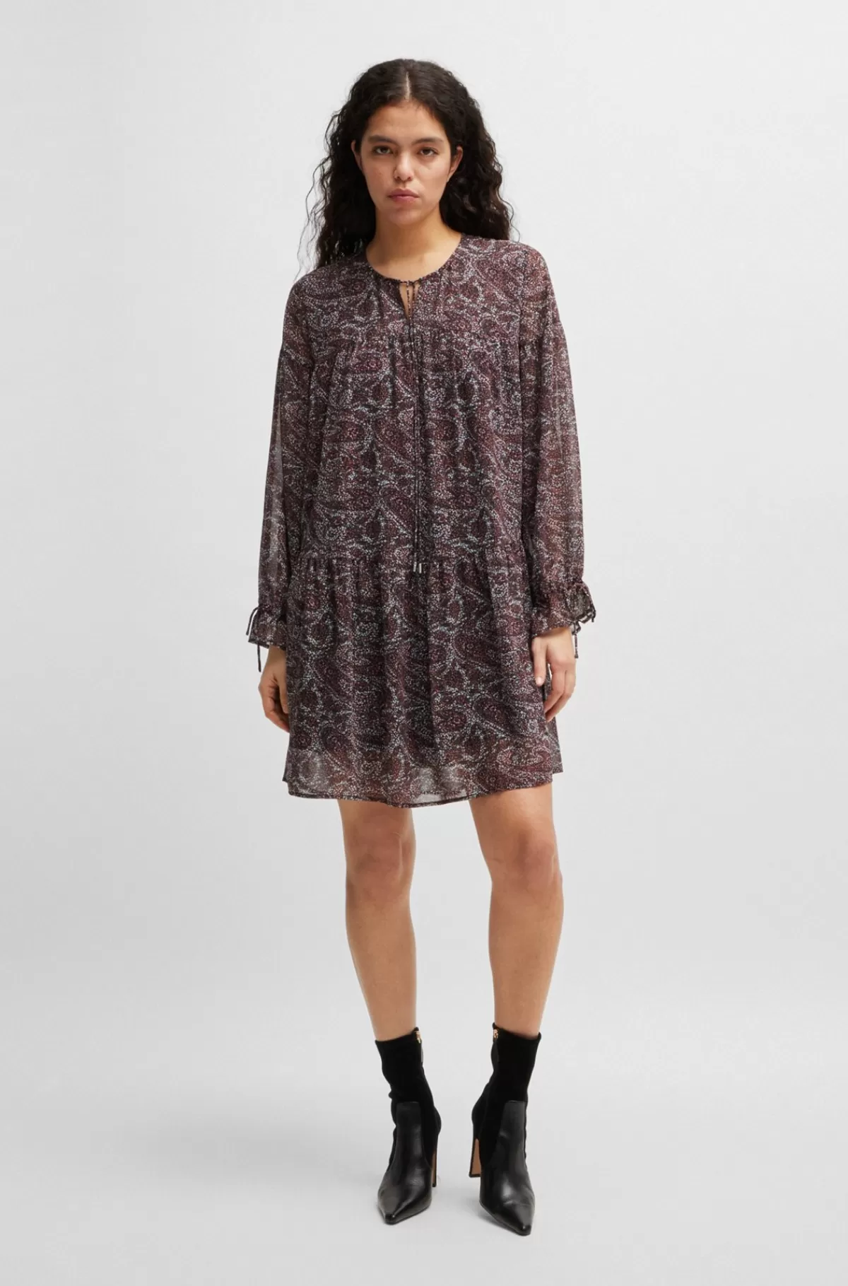 HUGO BOSS Kjole Med Paisleyprint Og Bindebåndsdetalje Mørkerød Flash Sale