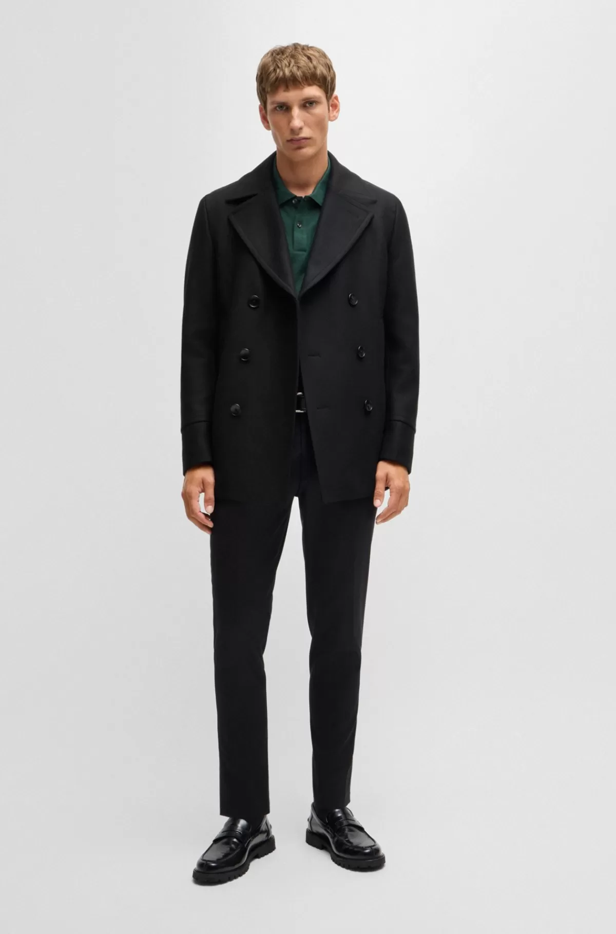 HUGO BOSS Kort Frakke I Uldblanding Med Dobbeltradet Lukning Og Slim Fit Sort Cheap