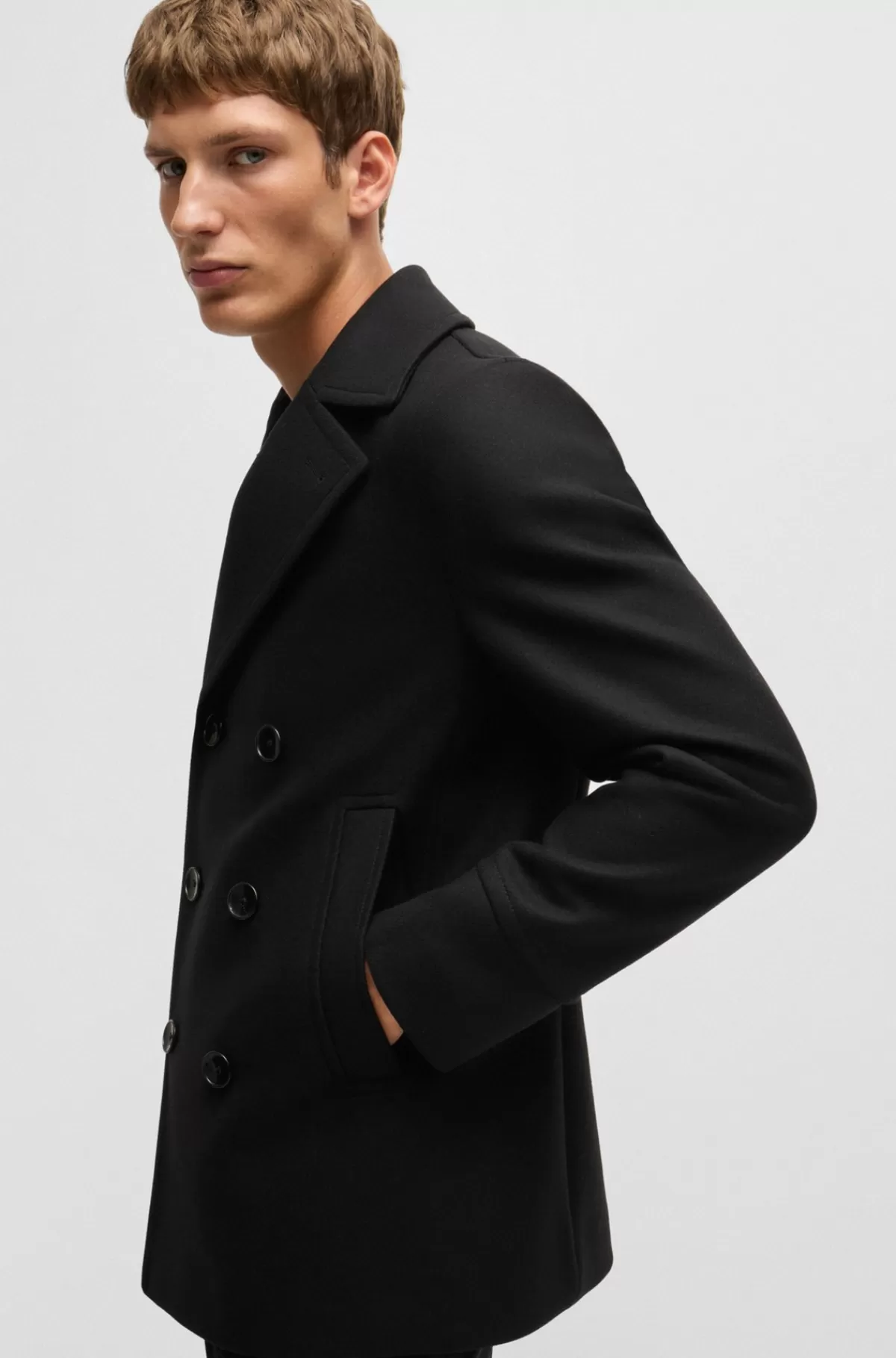 HUGO BOSS Kort Frakke I Uldblanding Med Dobbeltradet Lukning Og Slim Fit Sort Cheap