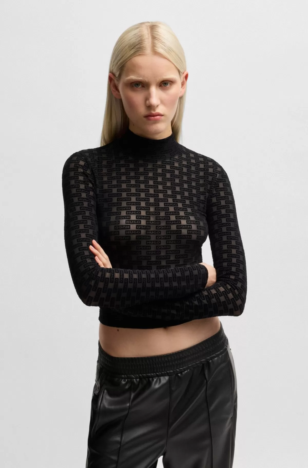 HUGO BOSS Langaermet T shirt I Mesh Med Saesonens Print Og Med Straek Sort monstret Fashion Eksklusive Designs