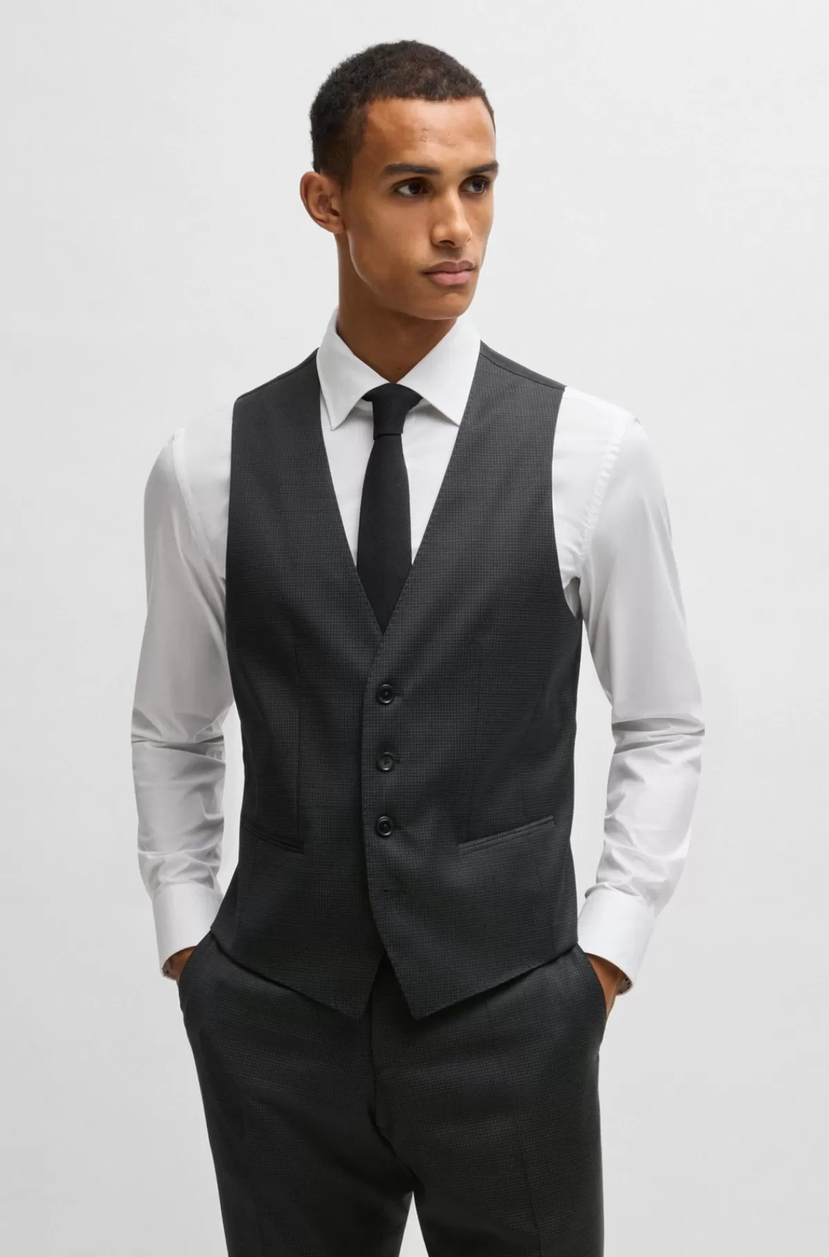 HUGO BOSS Mønstret Slim Fit Jakkesæt I Uld Med Stræk Sort Online