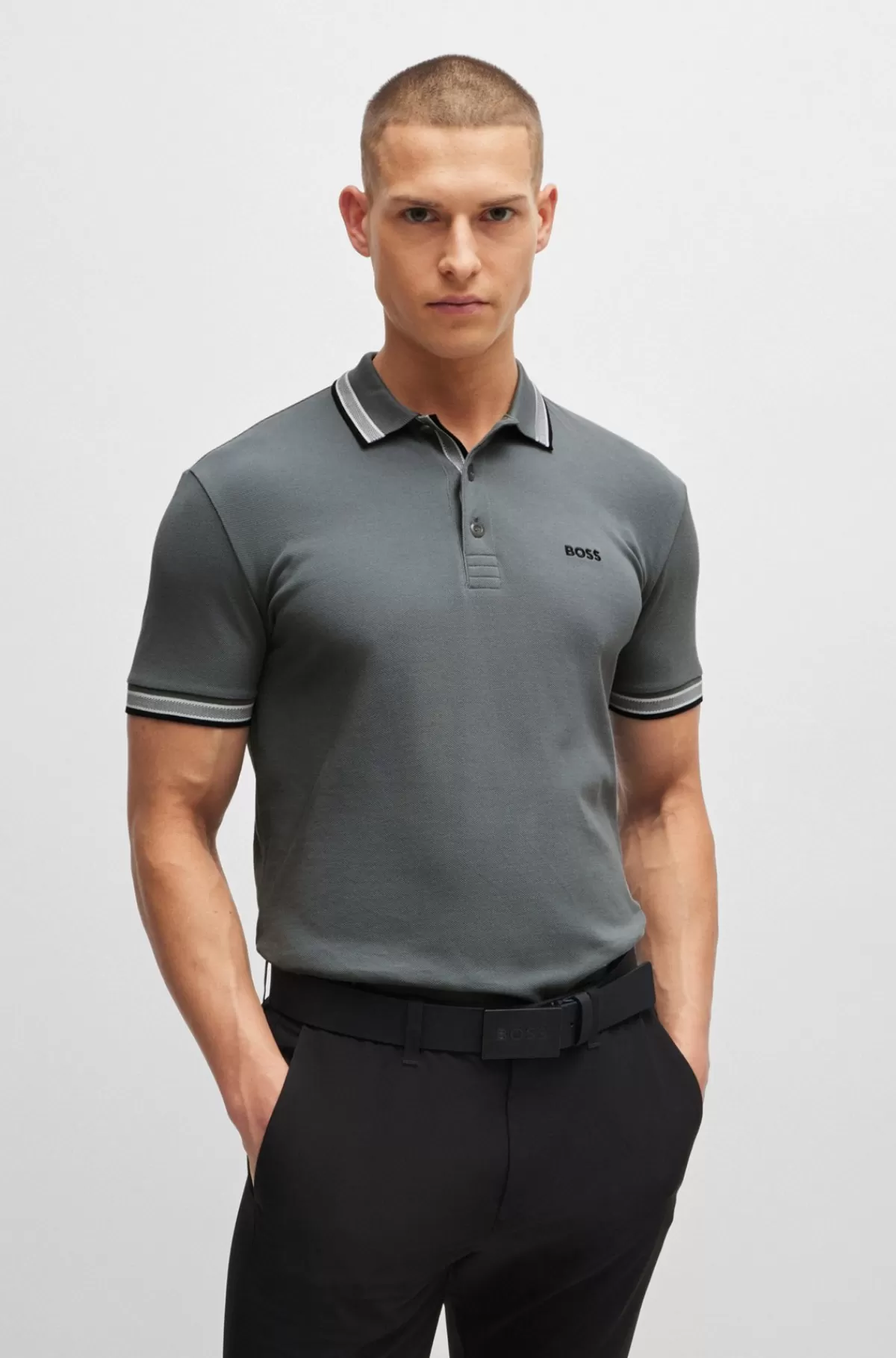 HUGO BOSS Paddy Poloshirt I Bomuldspiqué Med Logo I Kontrastfarve Grå Store