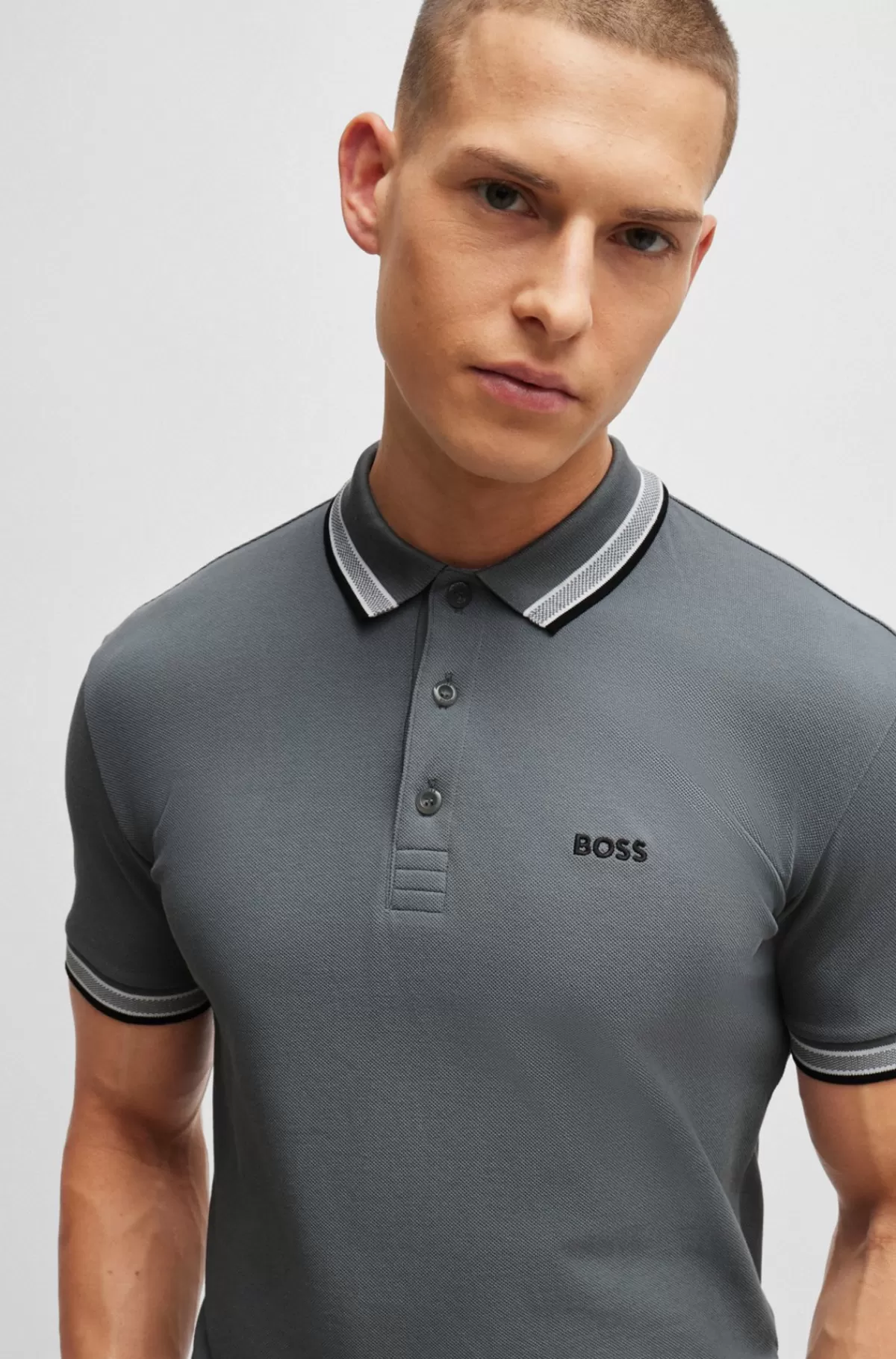 HUGO BOSS Paddy Poloshirt I Bomuldspiqué Med Logo I Kontrastfarve Grå Store