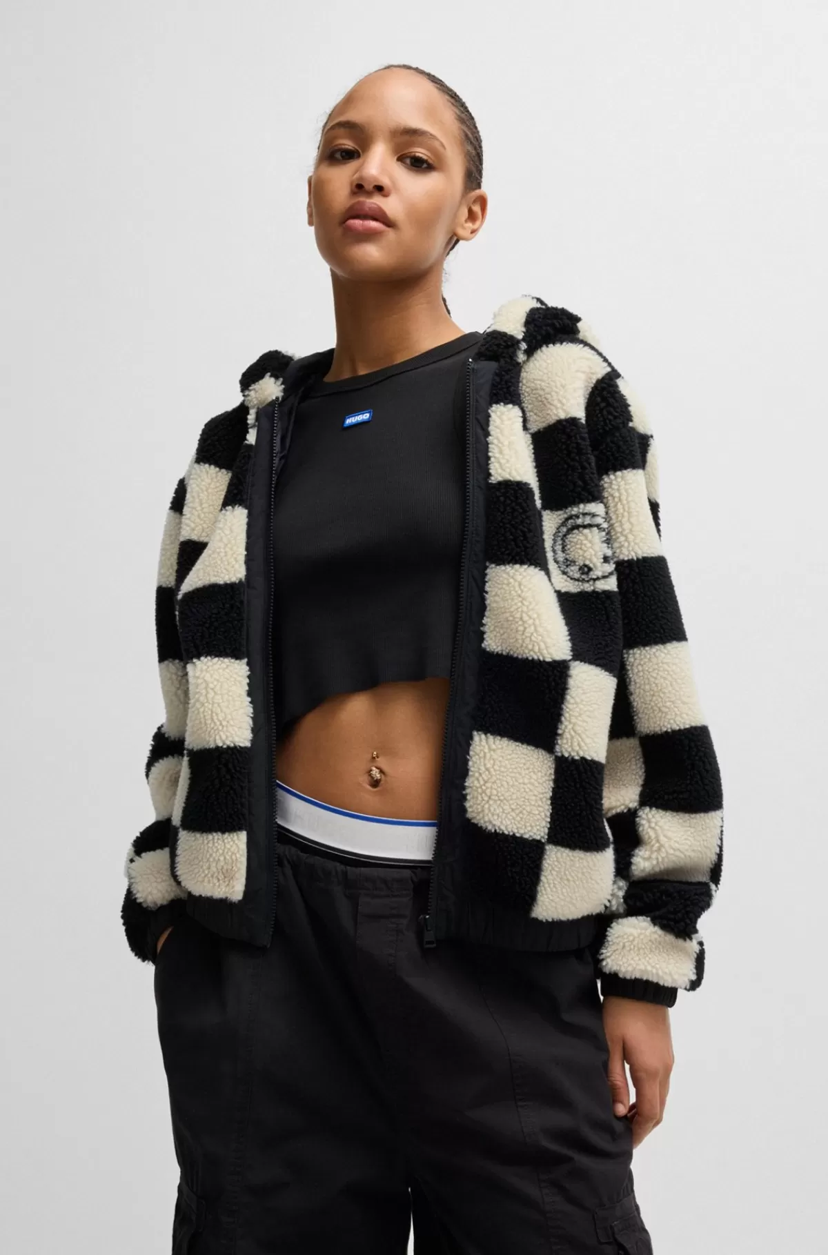 HUGO BOSS Plysset Jakke Med Skakternet Jacquard Hvid/sort Store
