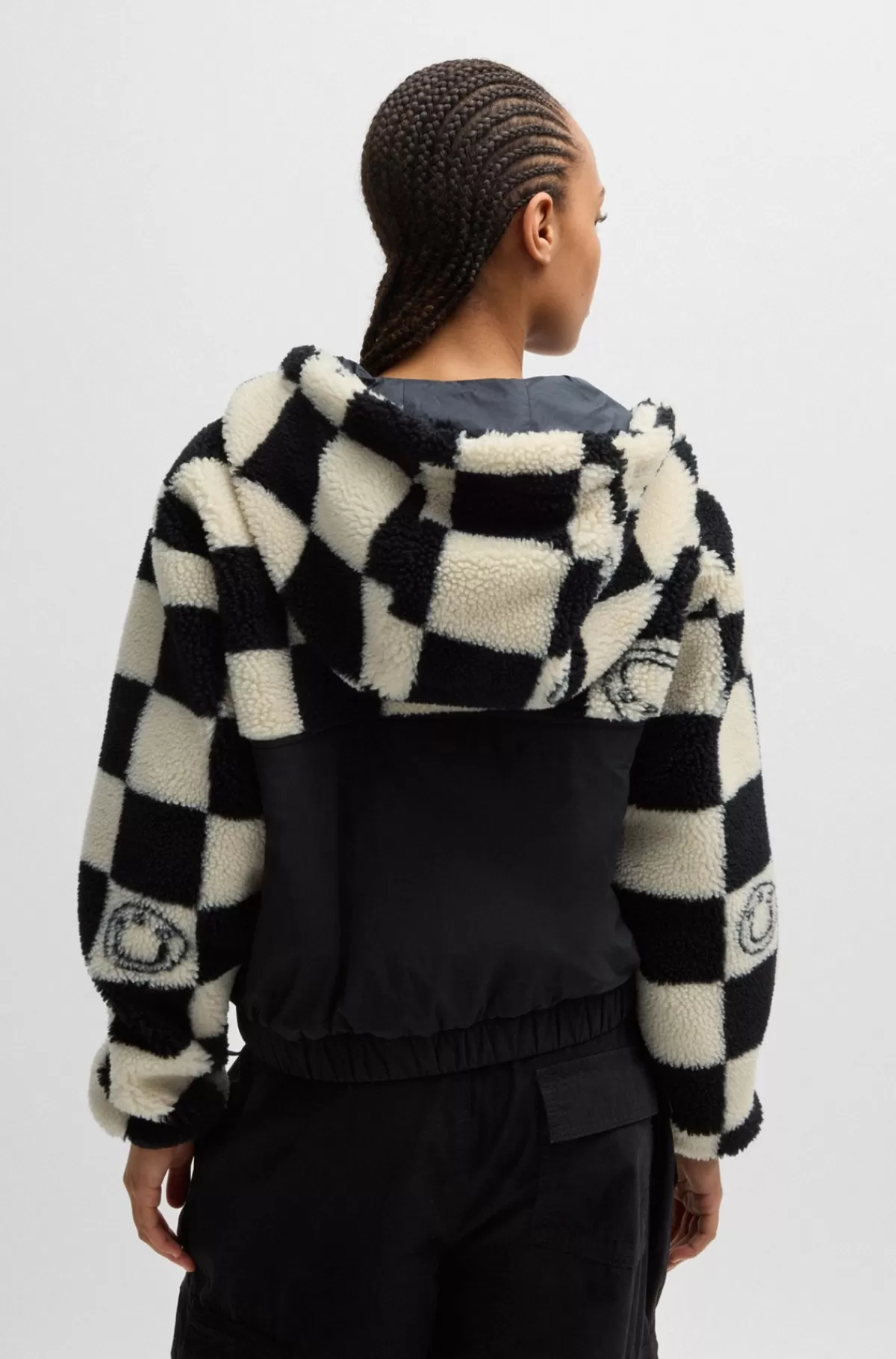 HUGO BOSS Plysset Jakke Med Skakternet Jacquard Hvid/sort Store