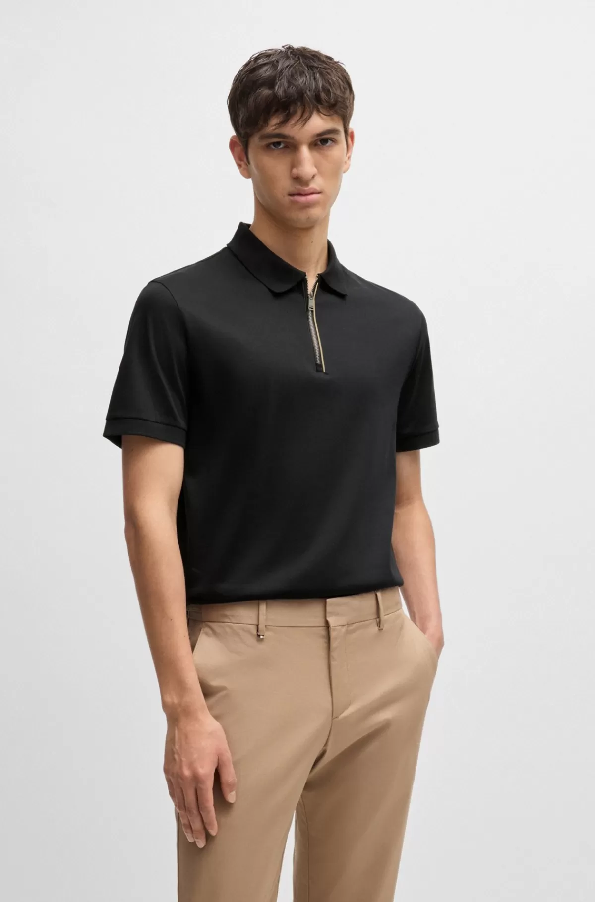 HUGO BOSS Poloshirt Af Merceriseret Bomuld Med Slim Fit Og Lynlås I Stolpen Sort Shop