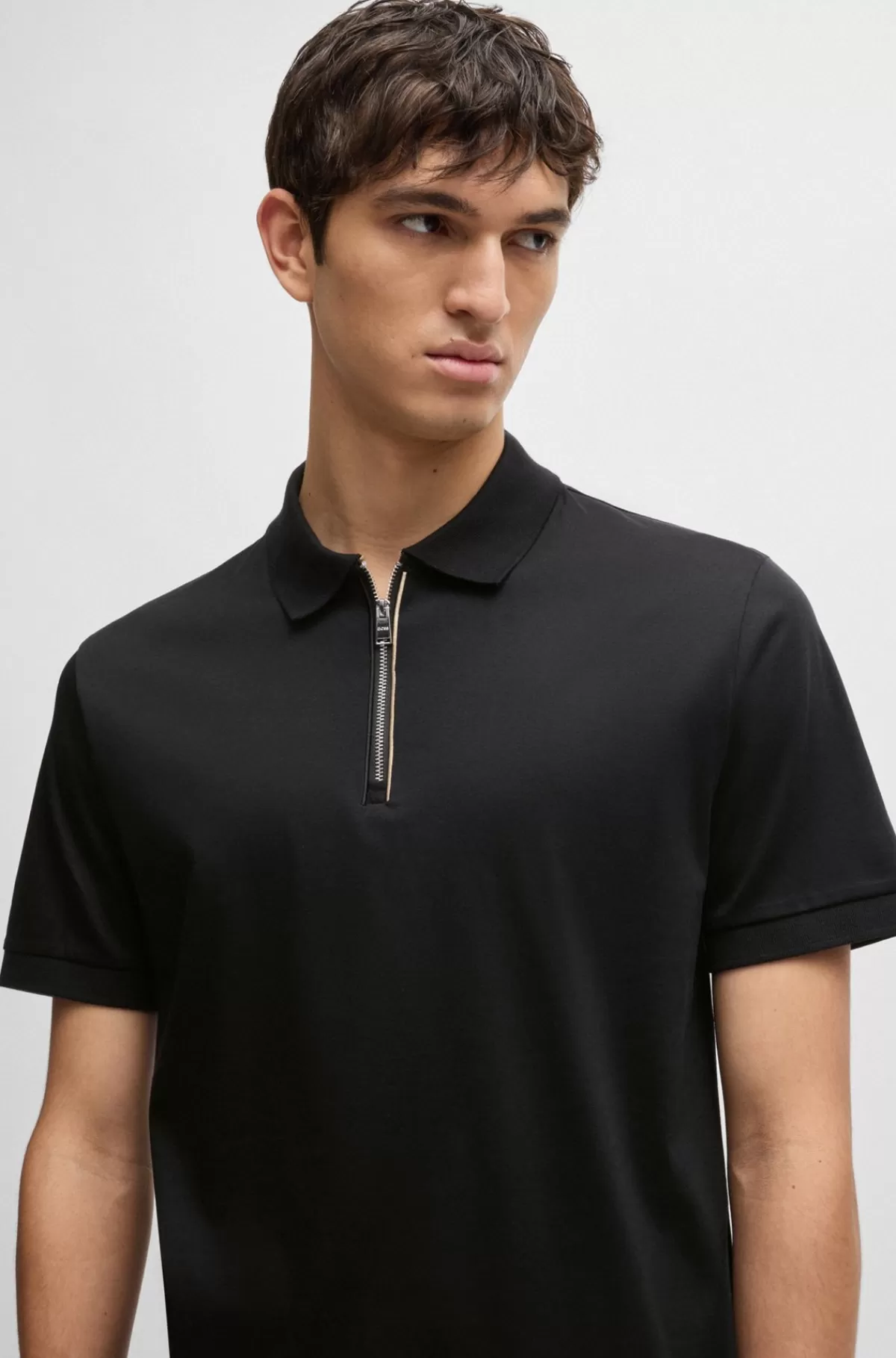 HUGO BOSS Poloshirt Af Merceriseret Bomuld Med Slim Fit Og Lynlås I Stolpen Sort Shop