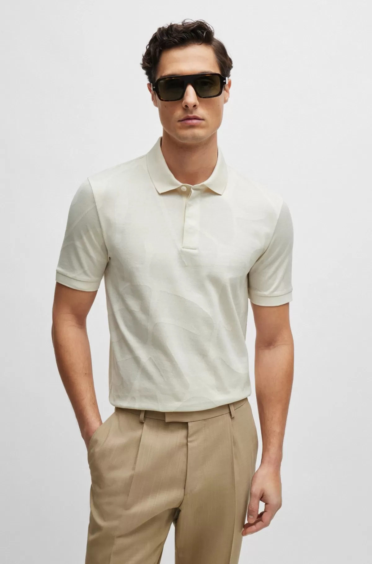 HUGO BOSS Poloshirt I Bomuld Med Slim Fit Og Monsteramønster Naturlig Clearance
