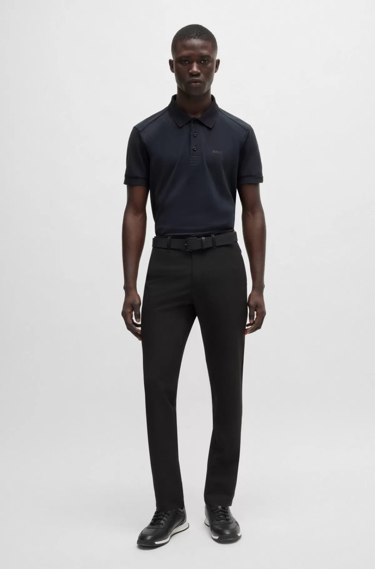 HUGO BOSS Poloshirt I Bomuld Med Stræk Og Indsatser Af Stribet Bånd Mørkeblå Outlet