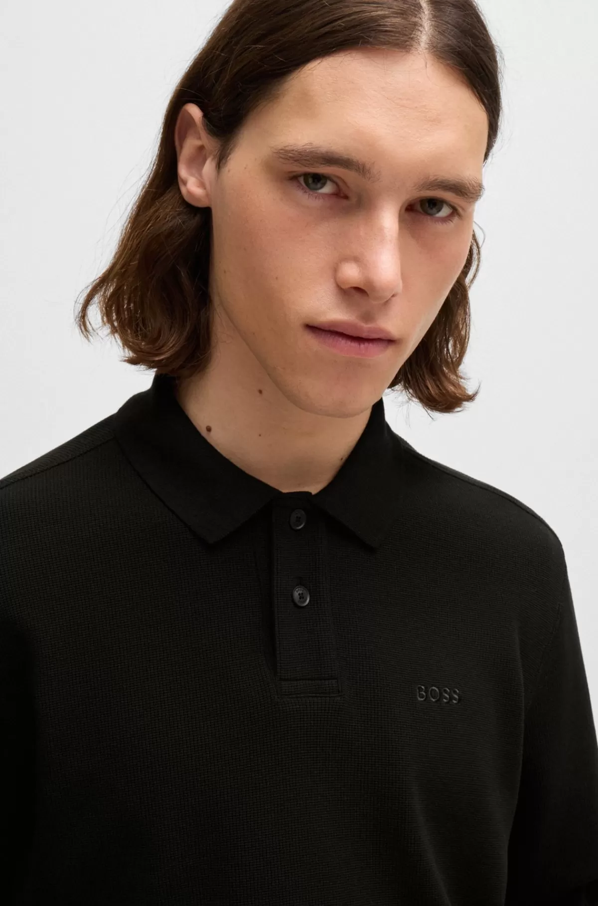 HUGO BOSS Poloshirt I Bomuldsblanding Med Stræk Og Vaffelstruktur Sort New