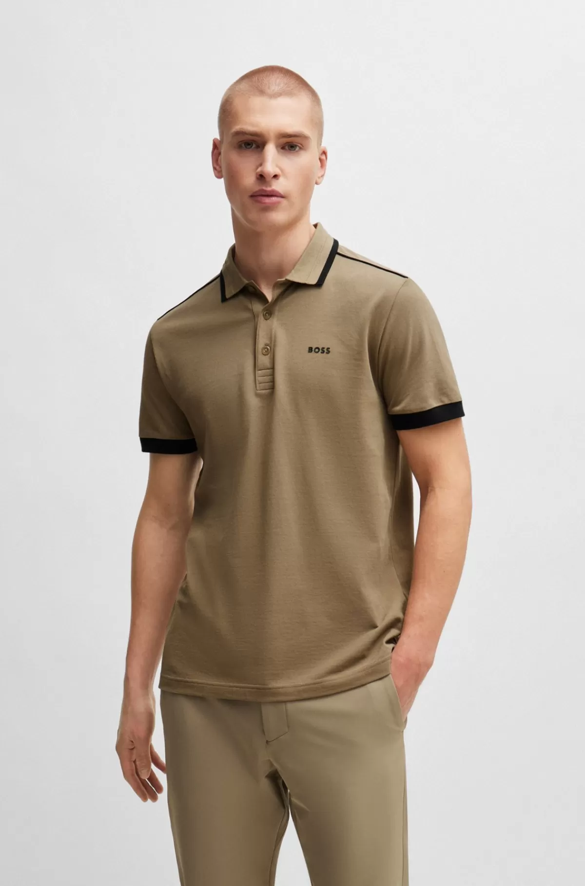 HUGO BOSS Poloshirt I Bomuldspiqué Med Kontraststriber Og Logo Lysebrun New