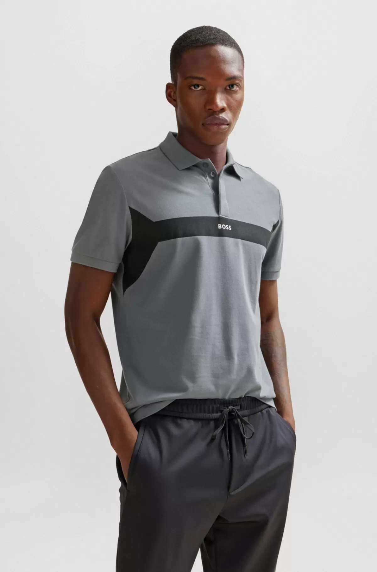 HUGO BOSS Poloshirt I Bomuldspiqué Med Logo Og Colour Blocking Grå Online