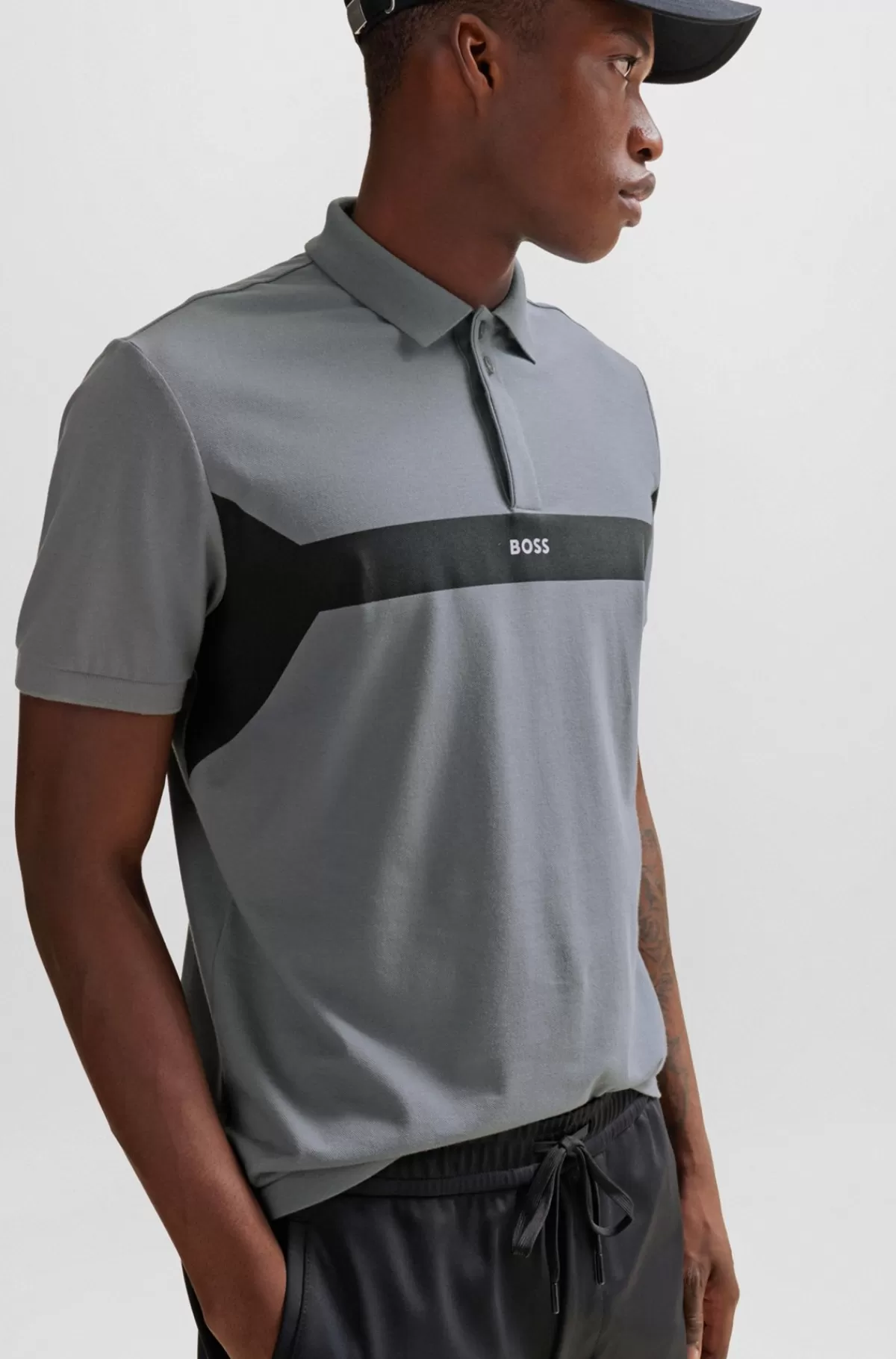 HUGO BOSS Poloshirt I Bomuldspiqué Med Logo Og Colour Blocking Grå Online
