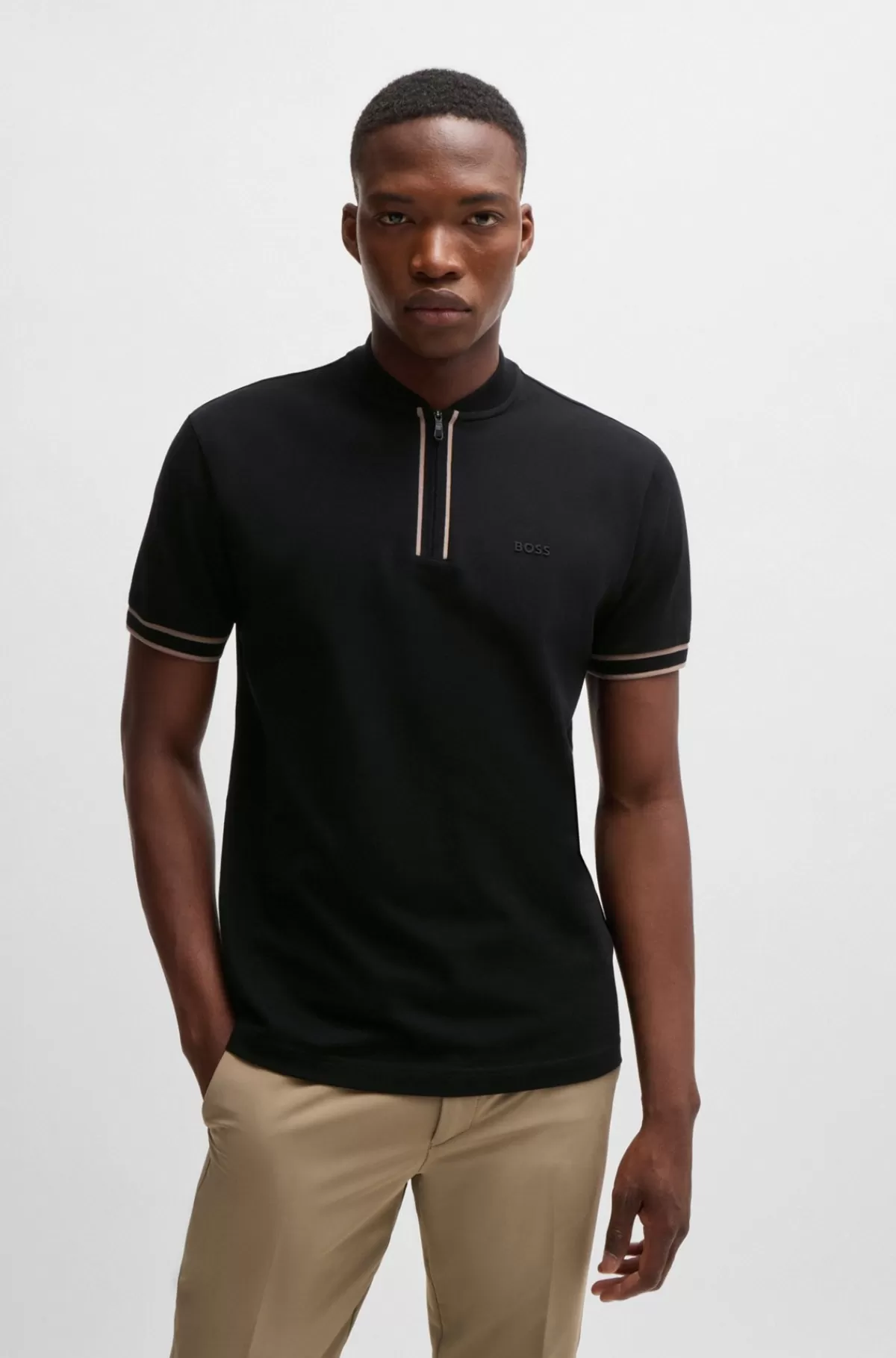 HUGO BOSS Poloshirt I Bomuldspiqué Med Stræk Og Lynlås I Halsen Sort Shop