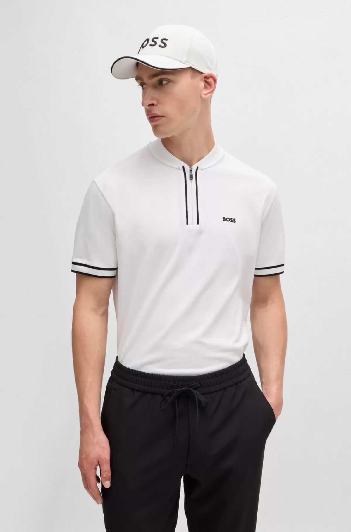 HUGO BOSS Poloshirt I Bomuldspiqué Med Stræk Og Lynlås I Halsen Hvid Clearance