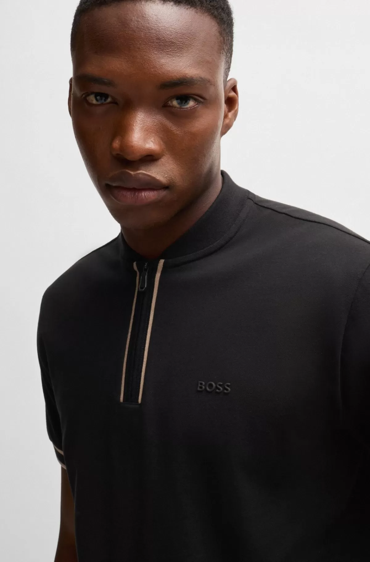 HUGO BOSS Poloshirt I Bomuldspiqué Med Stræk Og Lynlås I Halsen Sort Shop