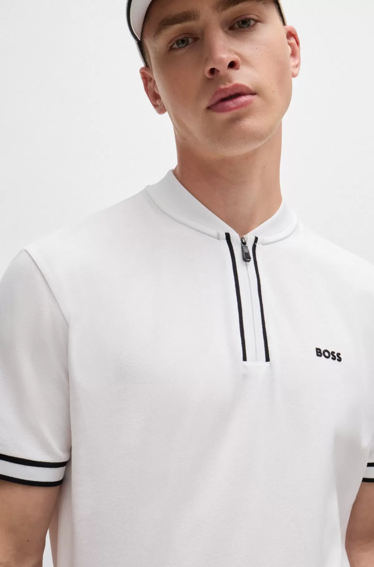 HUGO BOSS Poloshirt I Bomuldspiqué Med Stræk Og Lynlås I Halsen Hvid Clearance