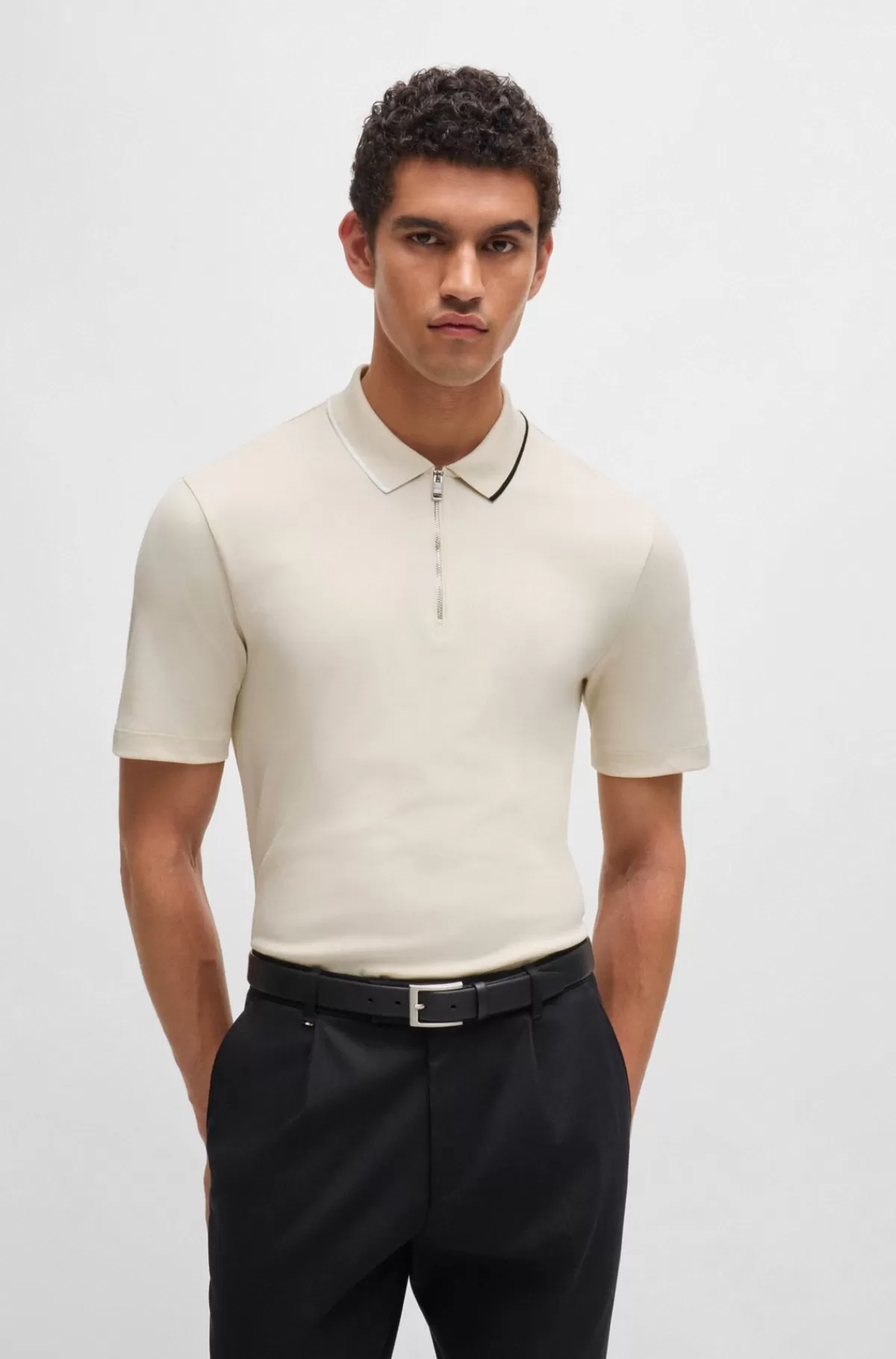 HUGO BOSS Poloshirt I Interlockbomuld Med Lynlås I Halsen Naturlig New
