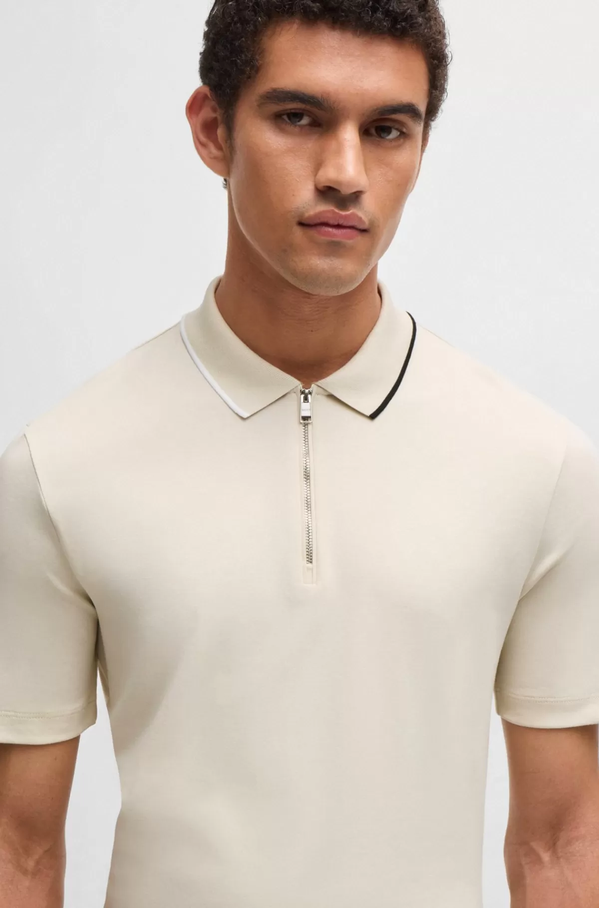 HUGO BOSS Poloshirt I Interlockbomuld Med Lynlås I Halsen Naturlig New