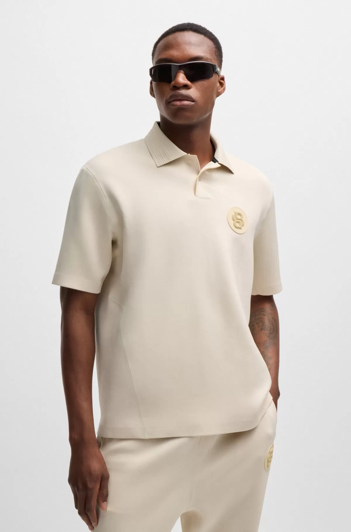HUGO BOSS Poloshirt I Jersey Med Stræk Og Badge Med Dobbeltmonogram Naturlig Shop