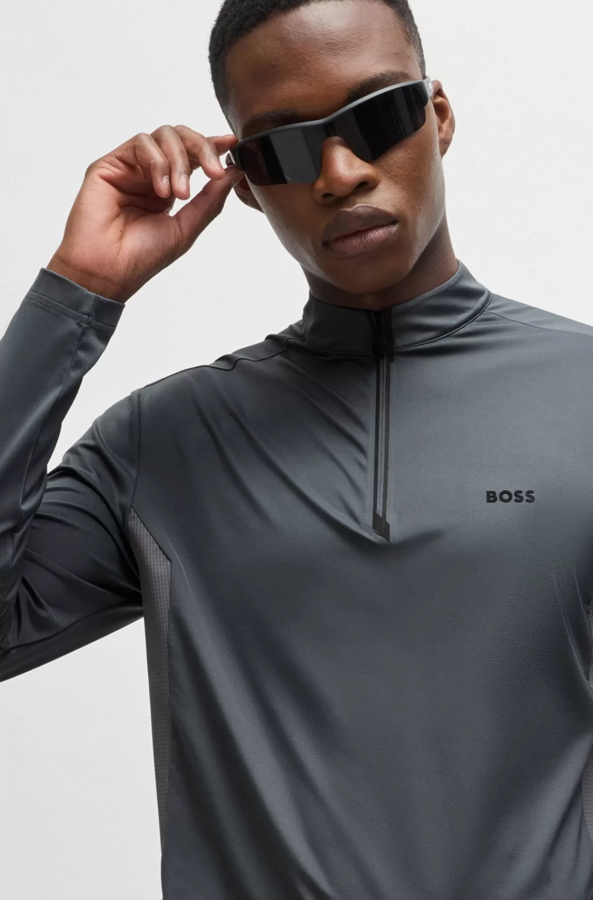 HUGO BOSS Poloshirt Med Lynlås I Halsen Og Dekorativt Reflekterende Logo Grå Store