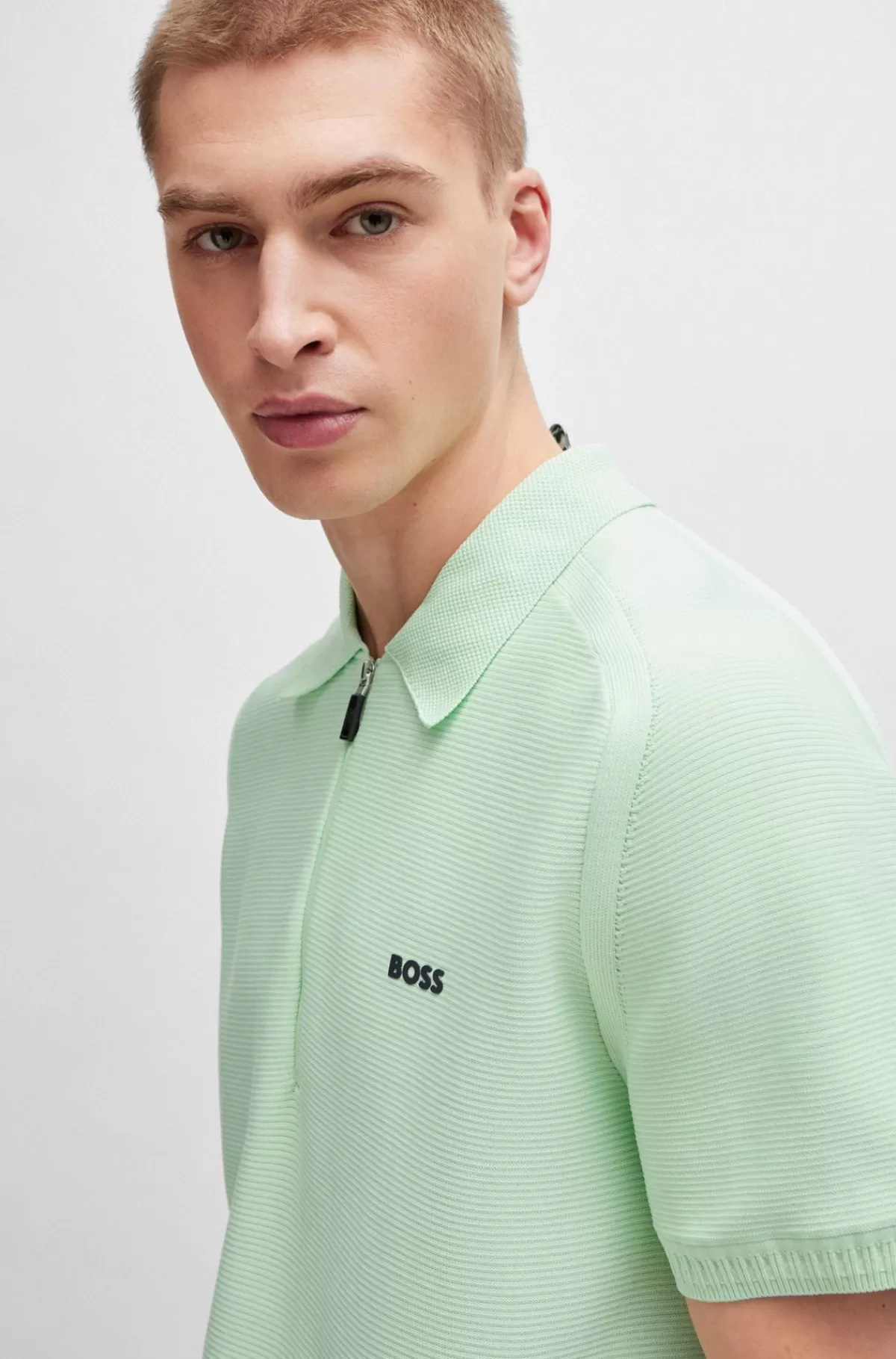 HUGO BOSS Polosweater Med Korte ærmer Og Lynlås I Halsen Samt Logo Lysegrøn Best