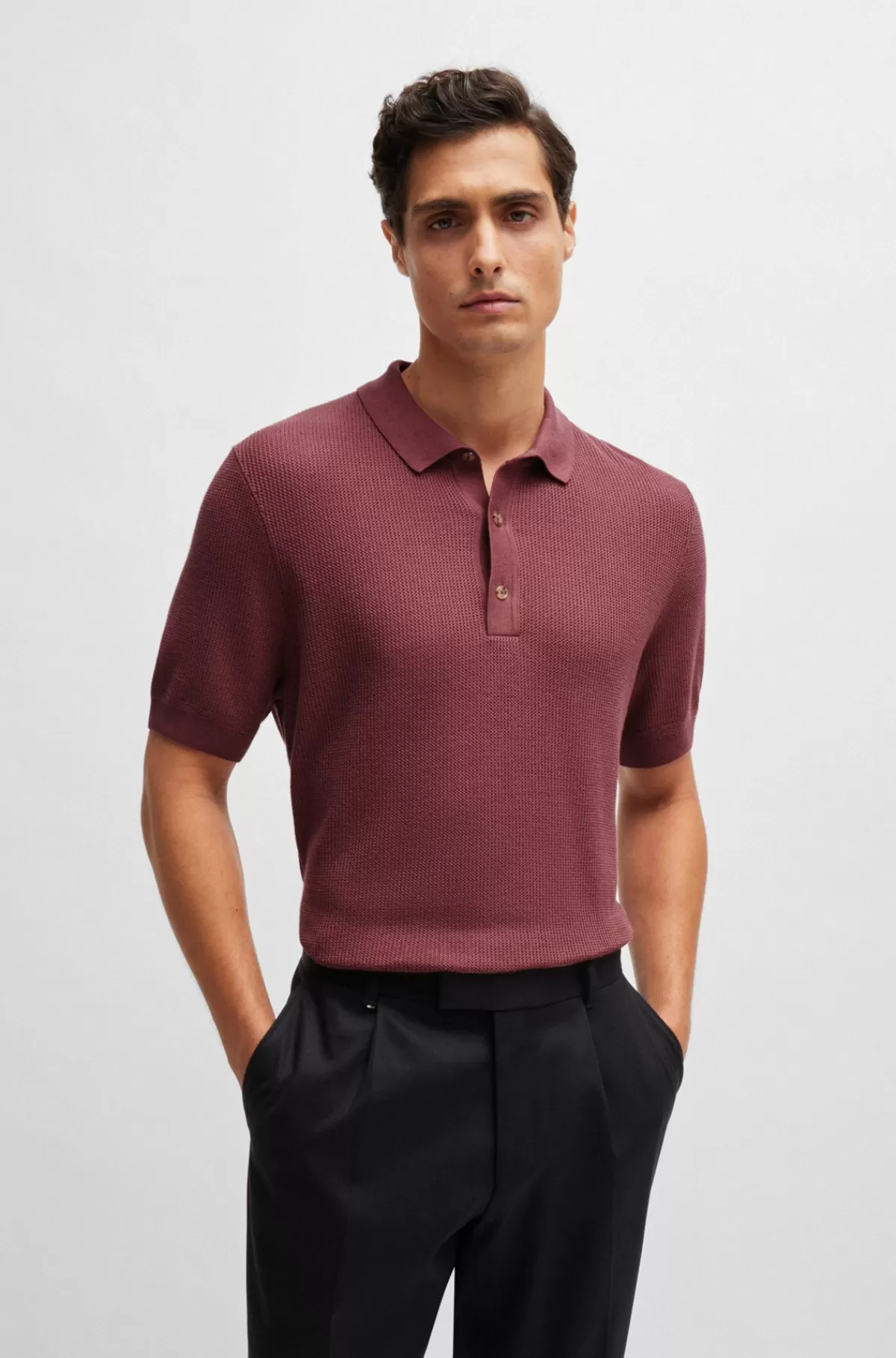 HUGO BOSS Polosweater Med Regular Fit Og Blandede Strukturer Mørkerød Clearance