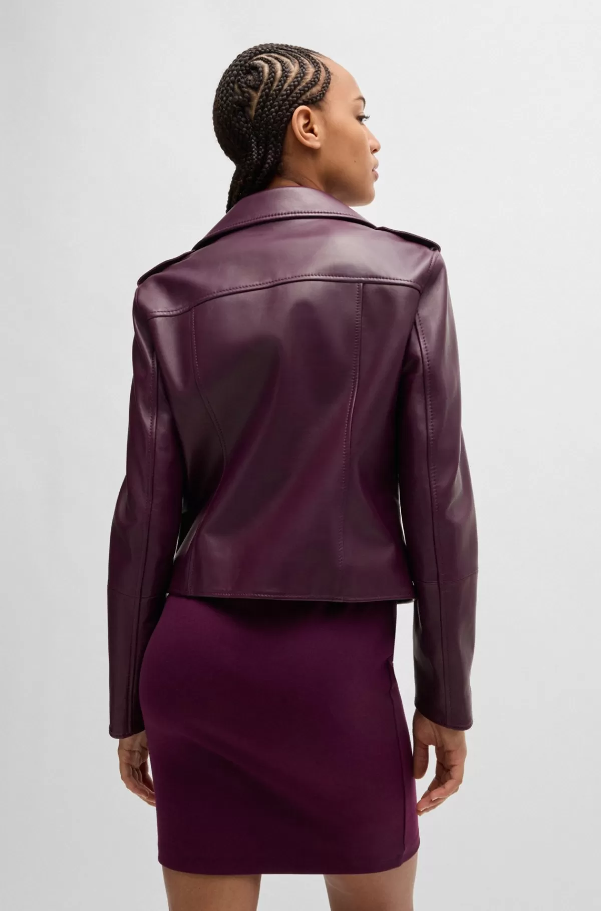 HUGO BOSS Regular Fit Bikerjakke I Læder Med Asymmetrisk Lynlås Mørkerød Discount