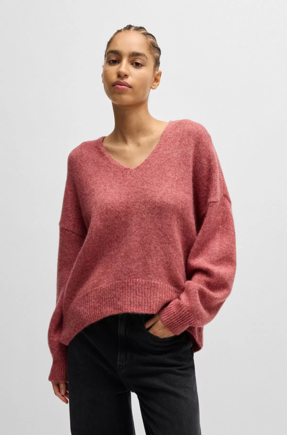 HUGO BOSS Relaxed Fit Sweater Med V-hals Mørkerød Flash Sale