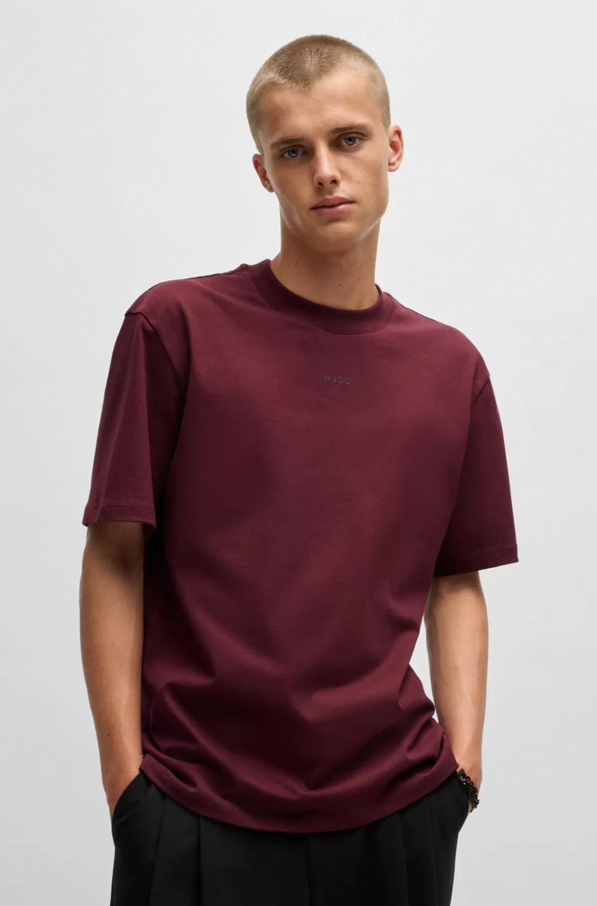 HUGO BOSS Relaxed Fit T-shirt I Bomuld Med Logoprint Mørkerød Flash Sale