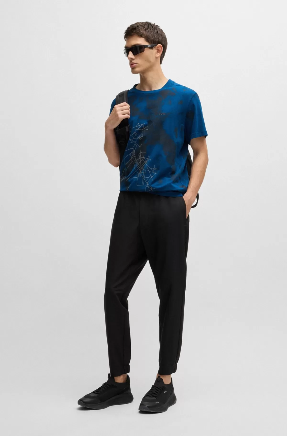 HUGO BOSS Relaxed Fit T-shirt I Bomuldsblanding Med Dekorativt Reflekterende Print Mørkeblå Store